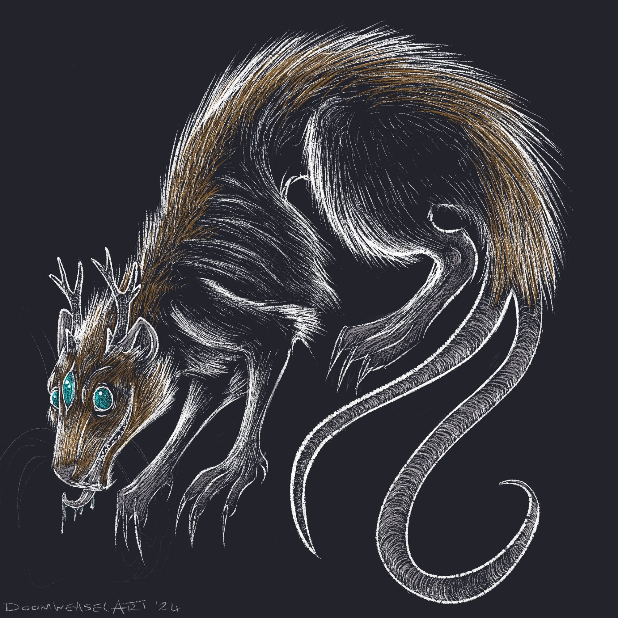 Digital illustration of a mutant ginger hooded rat with 3 blue eyes, 2 tails and antlers