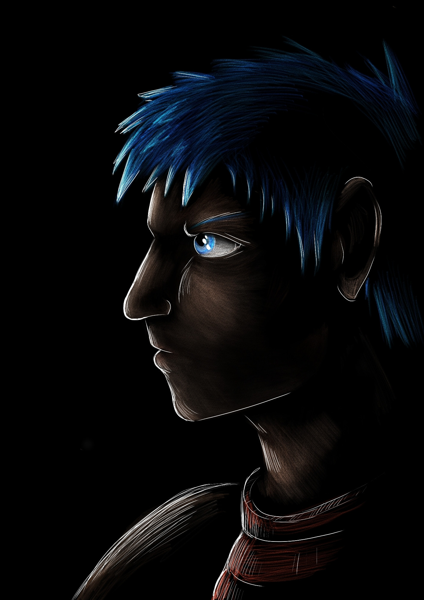 Dark stylised portrait of a man with blue hair and eyes