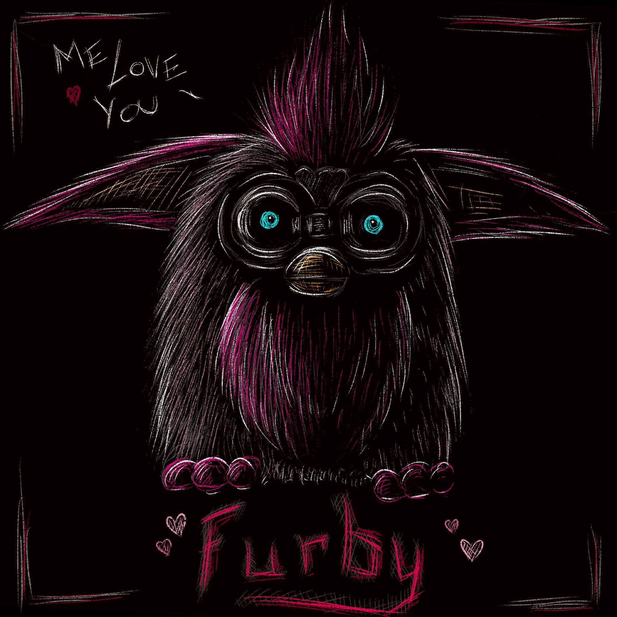 Dark stylised illustration of a pink furby with piercing blue eyes on a black background