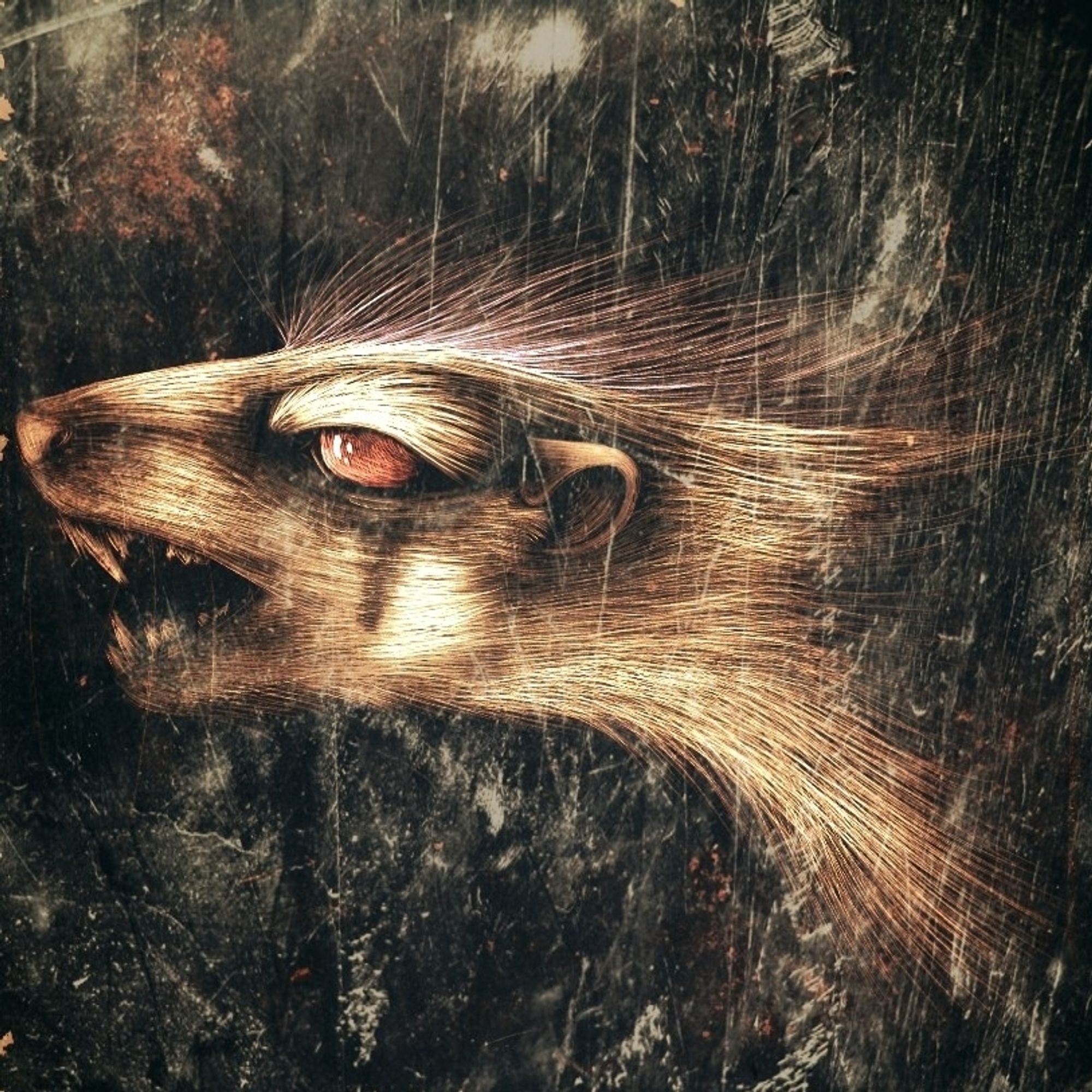 Weathered digital illustration of a weasel like creature with red eyes