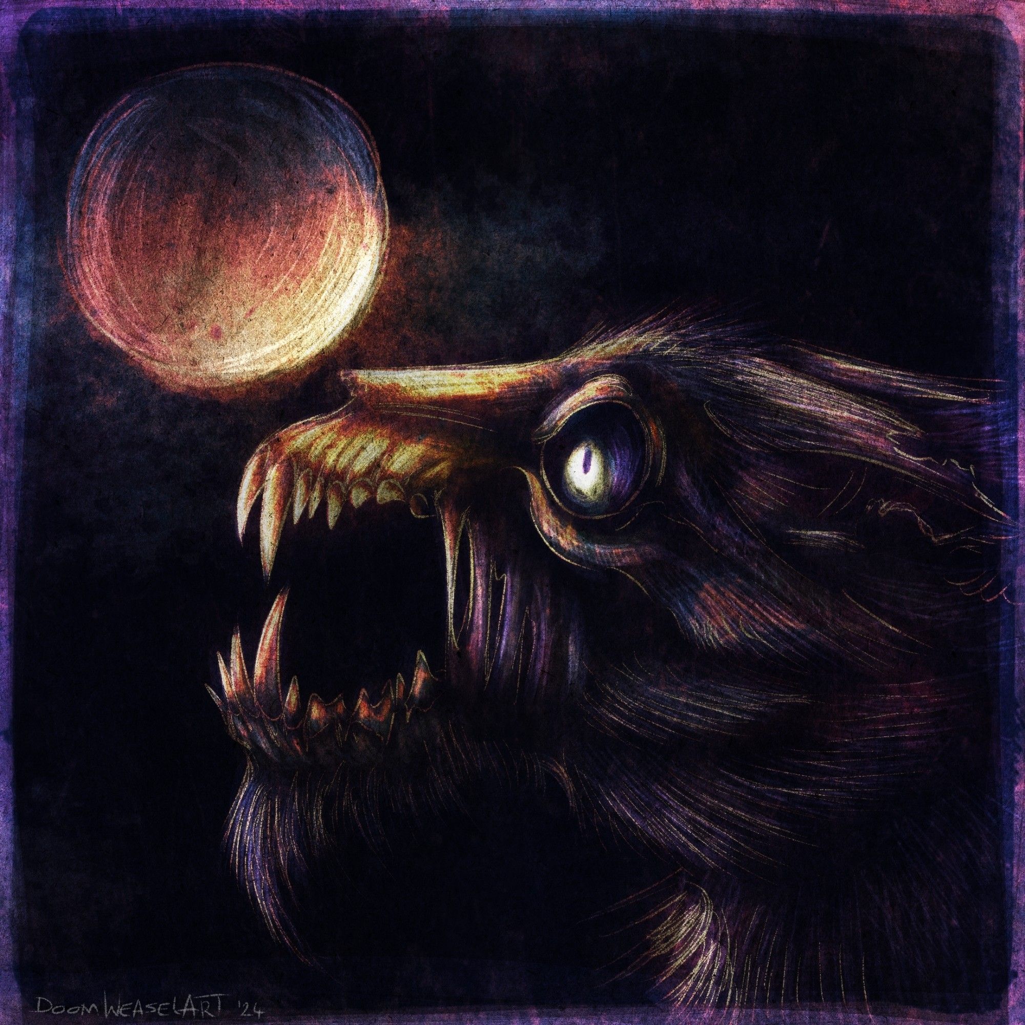 Dark stylised headshot of a wolf like creature with a partly exposed skull and glowing eyes looking up at a full moon