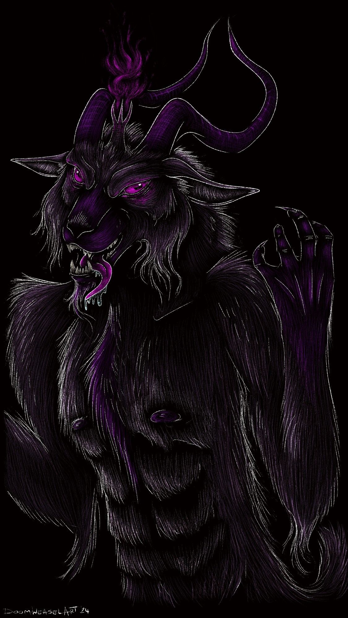 Dark stylized illustration of an anthro demon goat with glowing purple eyes