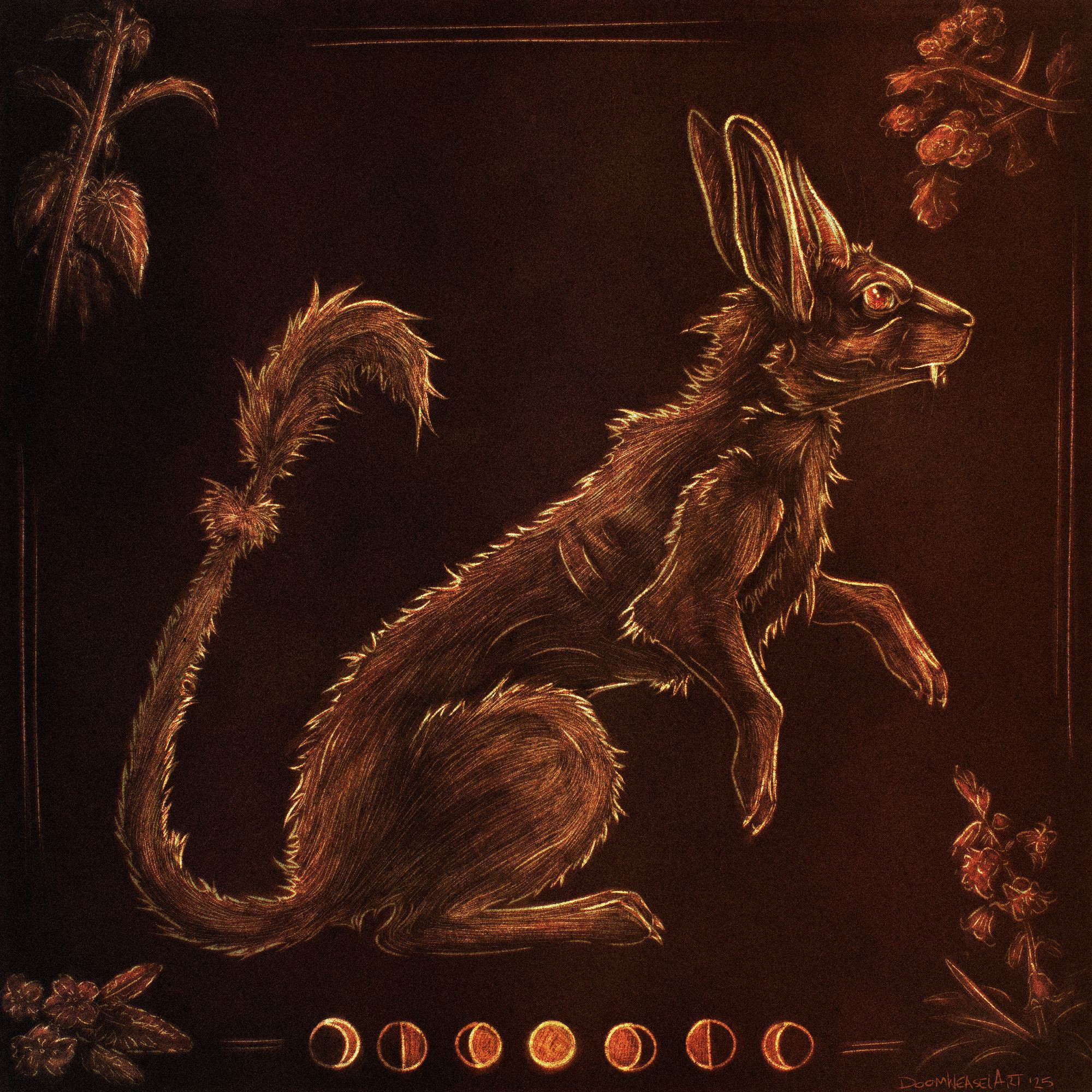 Digital illustration of a "púca"; creature with a body of a rabbit/hare, long fangs, horns and a long fluffy tail.
In the corners are small illustrations of plants (nettle, hawthorn, primrose, bluebell) and at the bottom of the image are small illustrations of the moon.

Artfight attack for protoseal