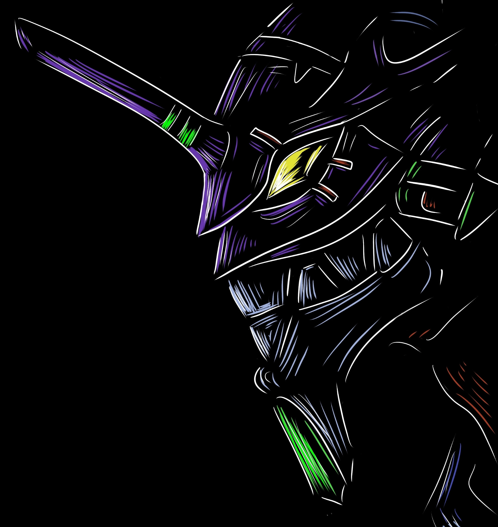 Dark stylised headshot of EVA 01 from Neon Genesis Evangellion