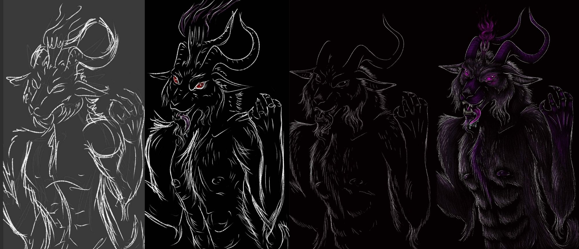 A series of 4 images showing gradual progress on a halfbody illustration of a purple demon goat