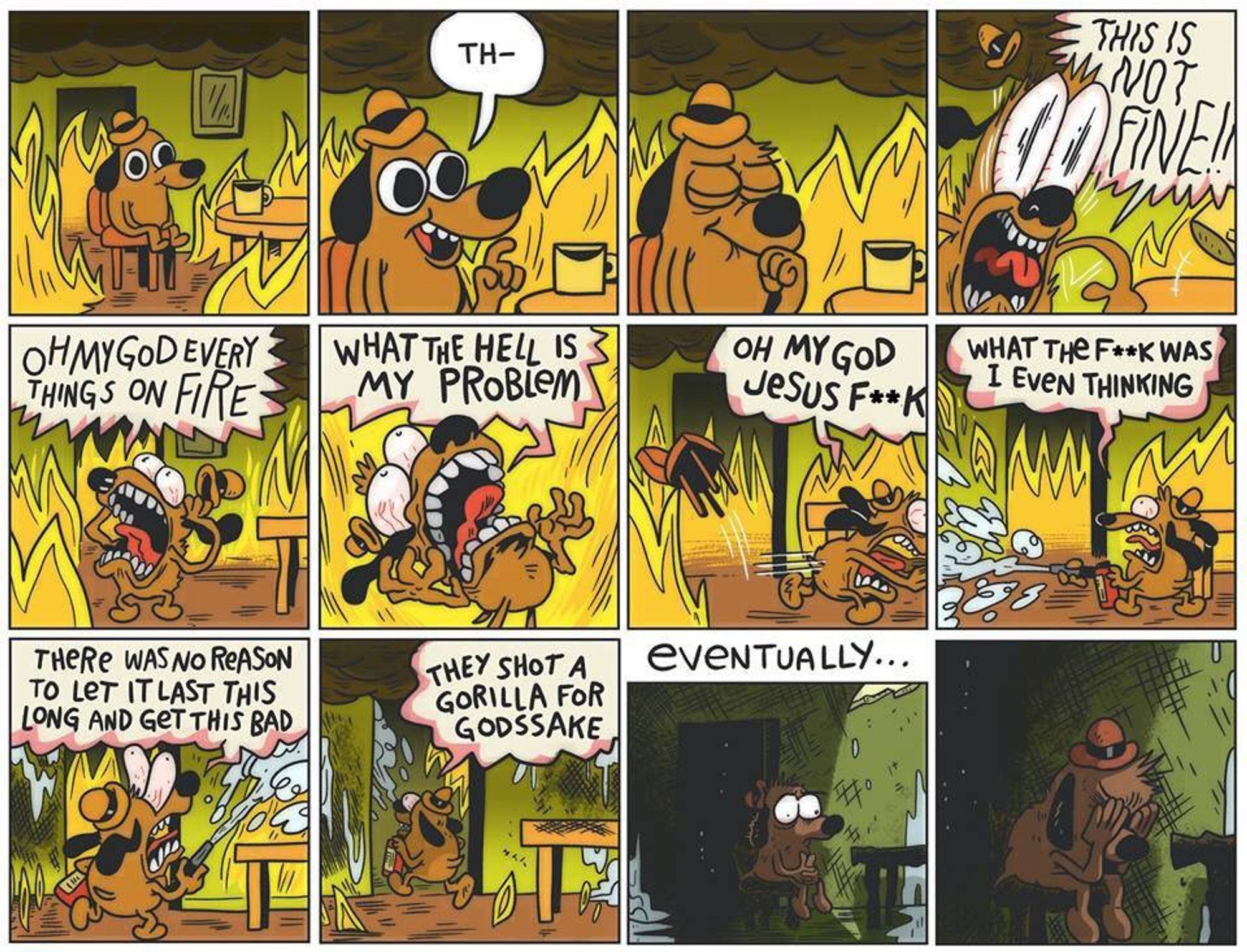 "This is not fine" cartoon. A cartoon dog freaks out because their house is on fire. He get's a fire extinguisher and puts out the fire then cries.