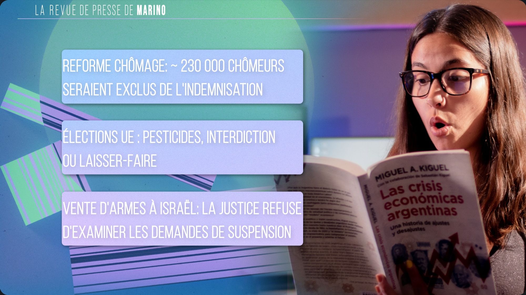 Programme de la revue de presse : 
- Reforme chômage : près de 230 000 chômeurs seraient exclus de l'indemnisation
- Élections UE : Pesticides, interdiction ou laisser-faire
- Vente d'armes à Israël : La justice refuse d'examiner les demandes de suspension