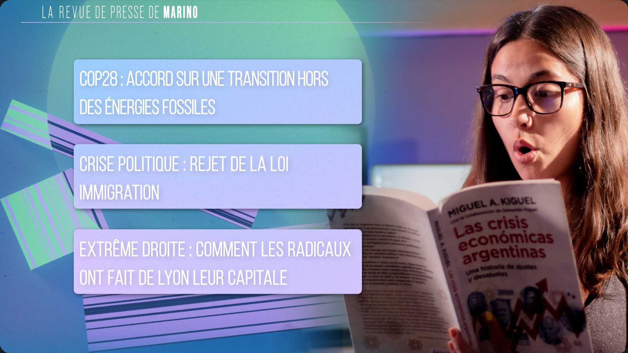 Programme de la revue de presse : 
- Cop28 : Accord sur une transition hors des énergies fossiles
- Crise politique : Rejet de la loi immigration
- Extrême droite : comment les radicaux ont fait de Lyon leur capitale