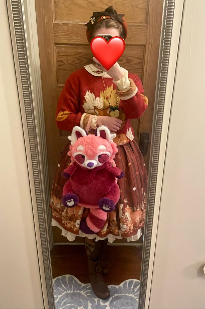 Multiple coord shots. Skirt, sweater, blouse ensemble with fox prints. My bag is shaped like a red panda