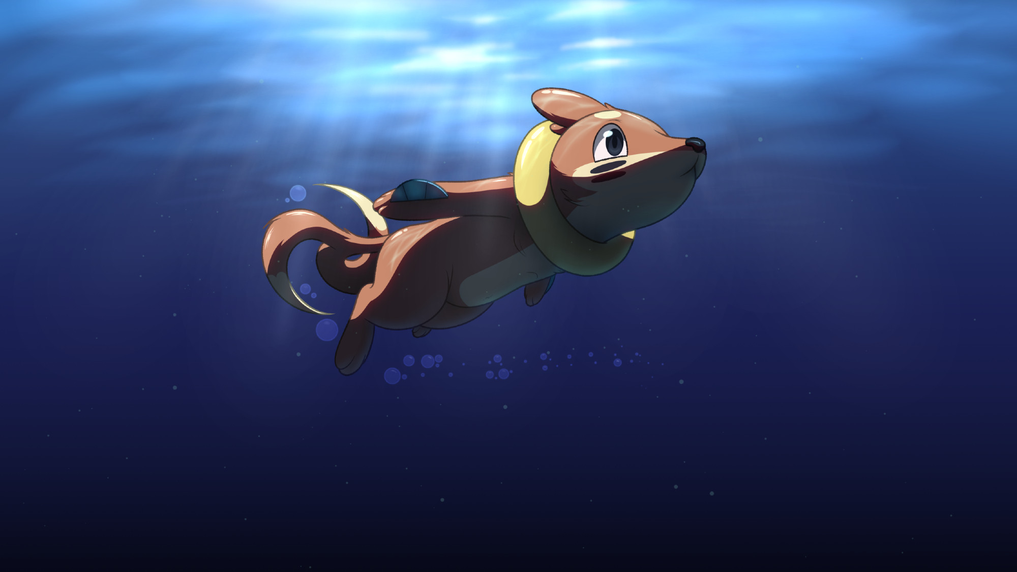 The pokemon, buizel, swimming underwater, through rays of light, with a trail of bubbles behind it.