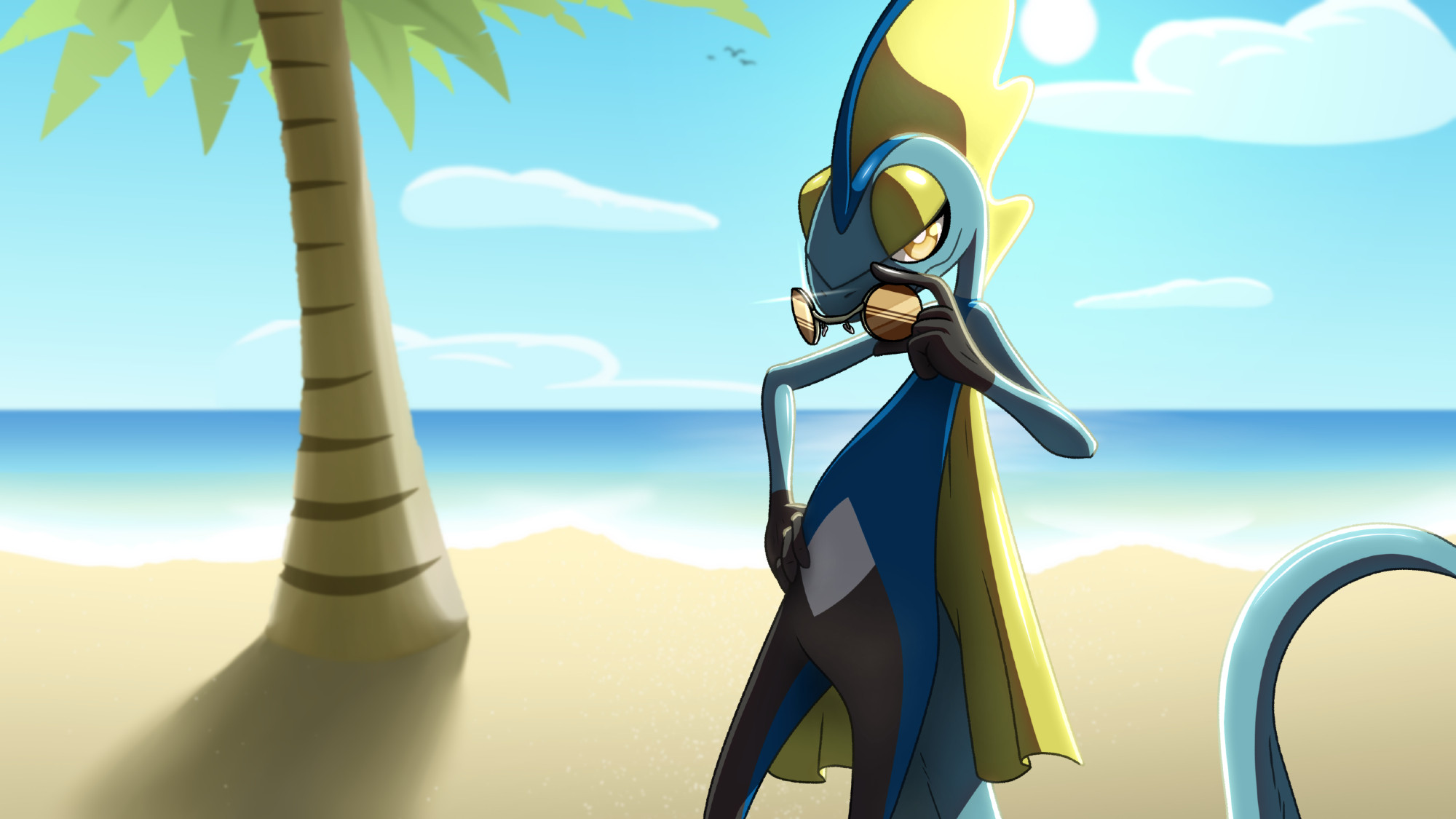 An Inteleon lowering it's sunglasses looking at the viewer on a beach