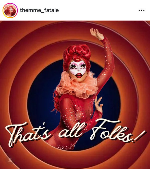 An Instagram screenshot of a Themme Fatale post. It shows Themme Fatale, a drag artist in a red sequin body suit, red hair, and peach neck ruffles with a white face make up and a bold red lip. They pose in the famous Looney Tunes ending graphic. It reads “That’s all folks”