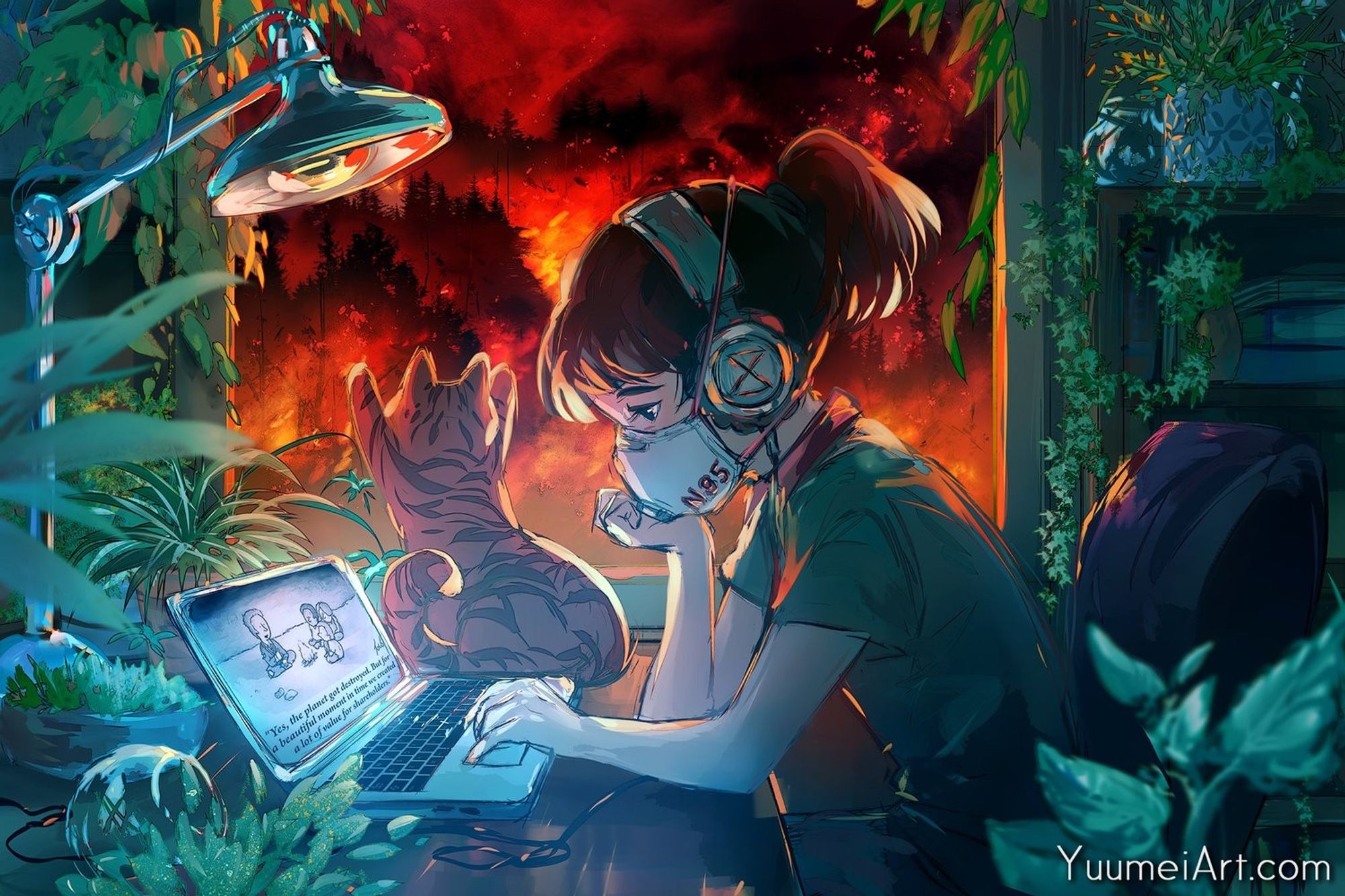 Illustration by artist Yuumei of a girl sitting at a desk at her laptop surrounded by houseplants; she is wearing headphones and an N95 mask. Behind her is a window showing burning wildfires in the background; her cat is looking out the window with its paws on the glass.