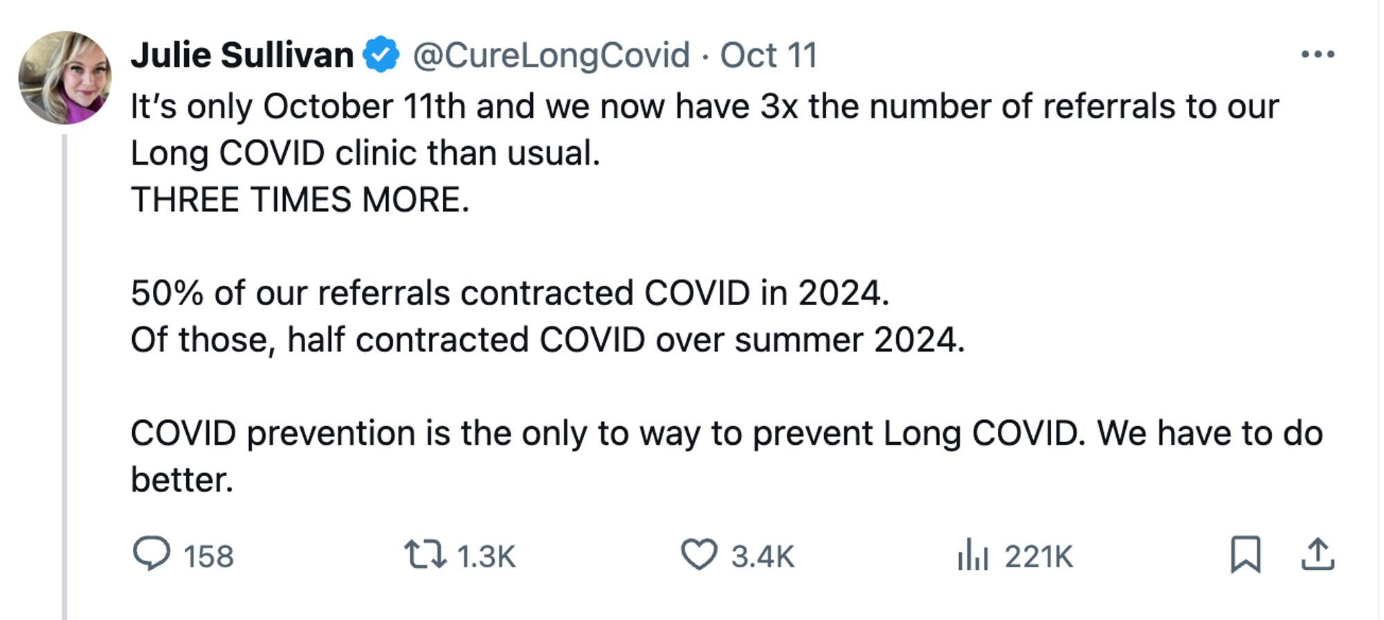 Screencap of a tweet: 

Julie Sullivan
@CureLongCovid
It’s only October 11th and we now have 3x the number of referrals to our Long COVID clinic than usual.
THREE TIMES MORE.

50% of our referrals contracted COVID in 2024.
Of those, half contracted COVID over summer 2024.

COVID prevention is the only to way to prevent Long COVID. We have to do better.
2:41 PM · Oct 11, 2024
·
219.4K
 Views