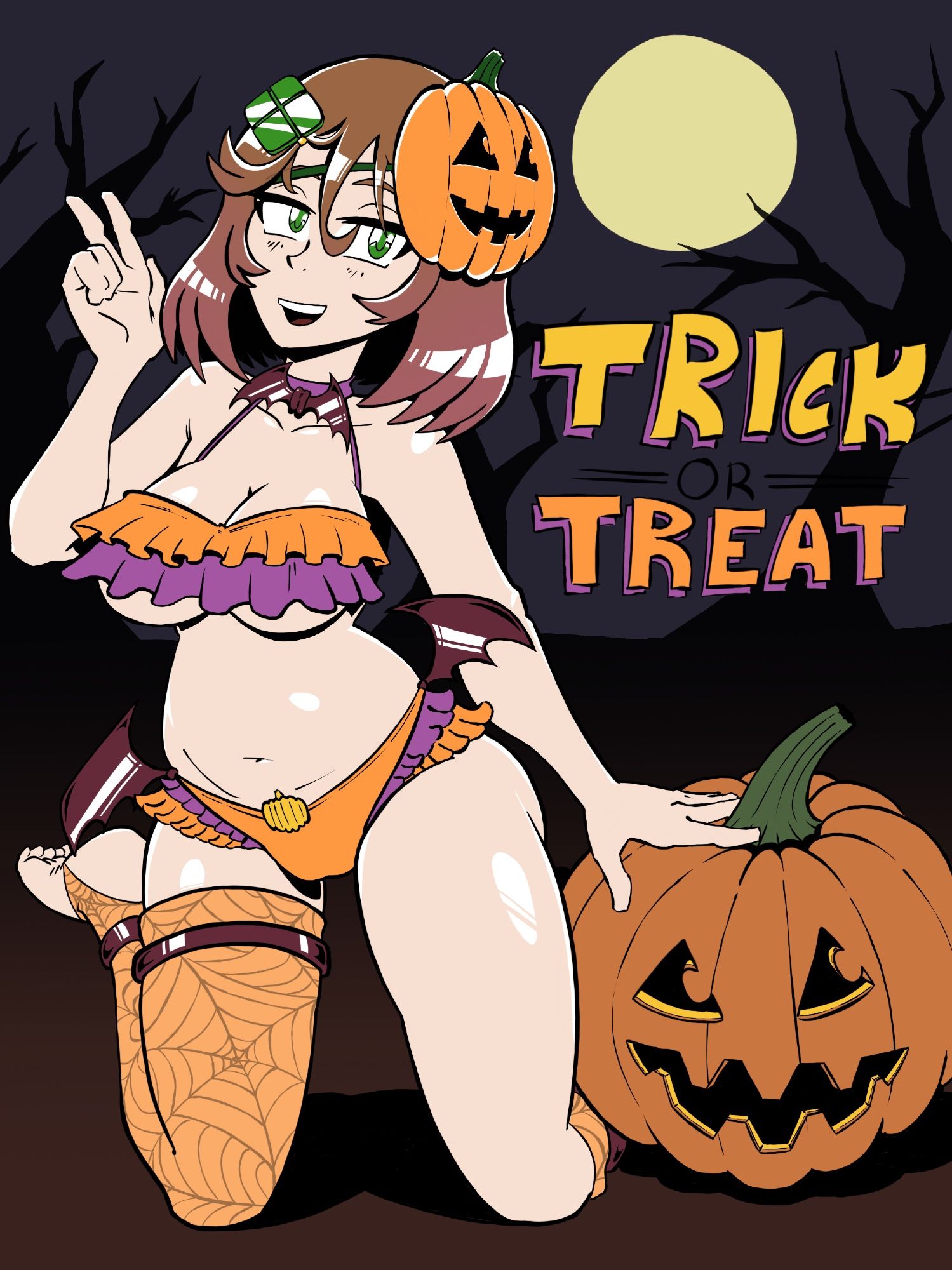 A girl in a halloween themed sexy bikini outfit kneels next to a jack-o-lantern. the silhouetes of barren trees in the background frame a full moon and the words “trick or treat” float next to her.