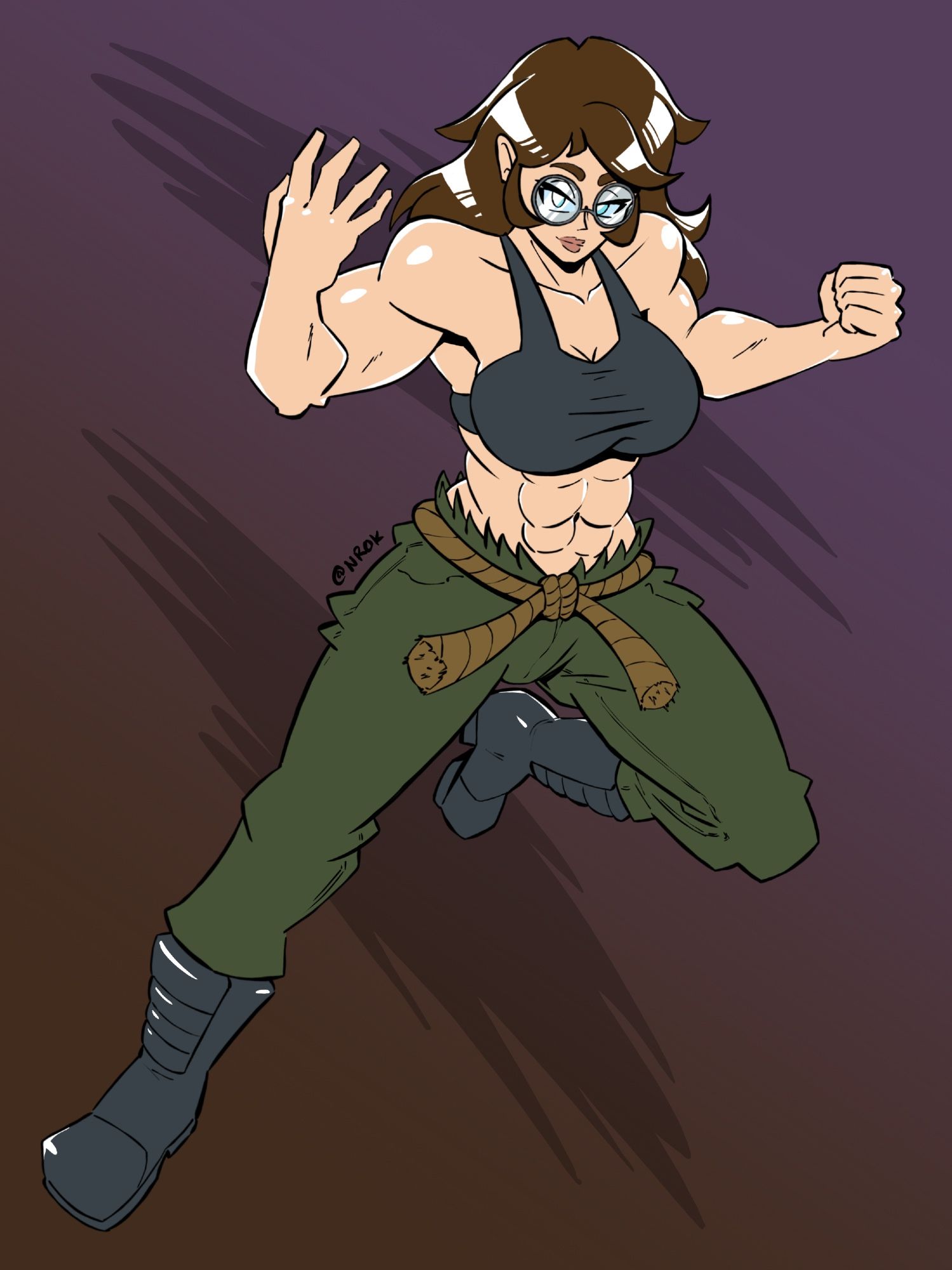 A muscular woman wearing a sports bra, combat boots, and army pants held up with a rope strikes a dynamic pose