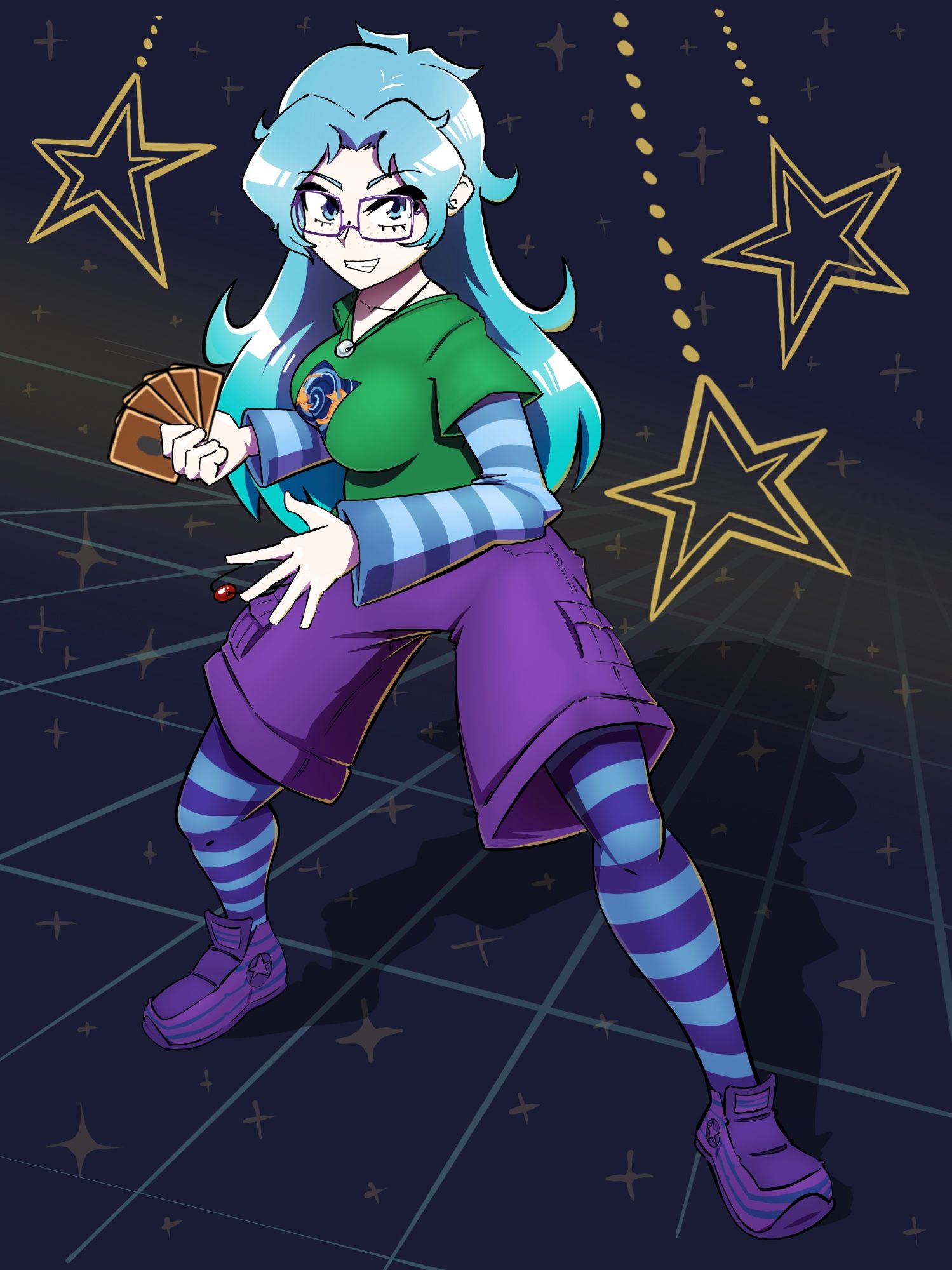 a character with long blue hair, stripped sleves and leggings, tee shirt and shorts posing with Yu Gi Oh cards on a background of stars