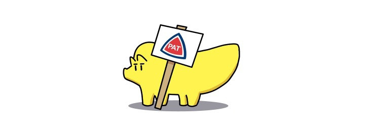 Small yellow cartoon triceratops, digitally drawn. She has a determined expression on her face, shown by expressive lowered eyebrows. She is holding a sign that says PAT in a red triangle outlined in blue (the union logo)