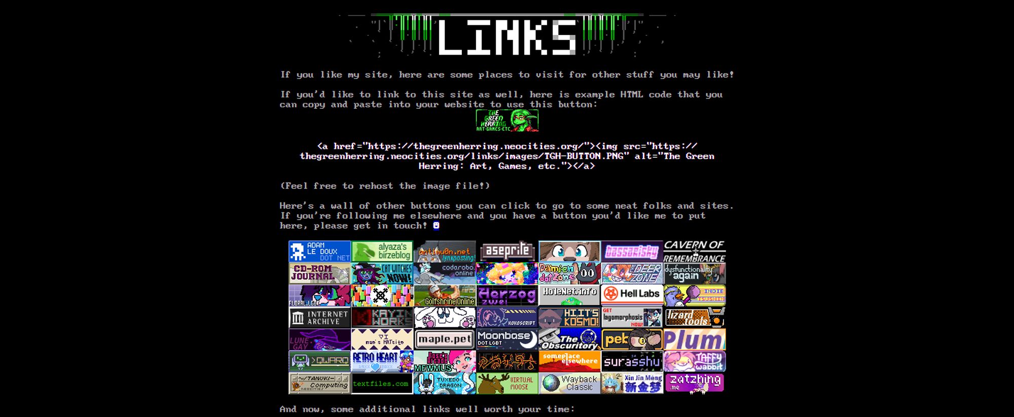 A screenshot from The Green Herring's website at thegreenherring.neocities.org, showing a wall of 88 by 31-pixel website buttons and example HTML code for using the website's button on your own website.