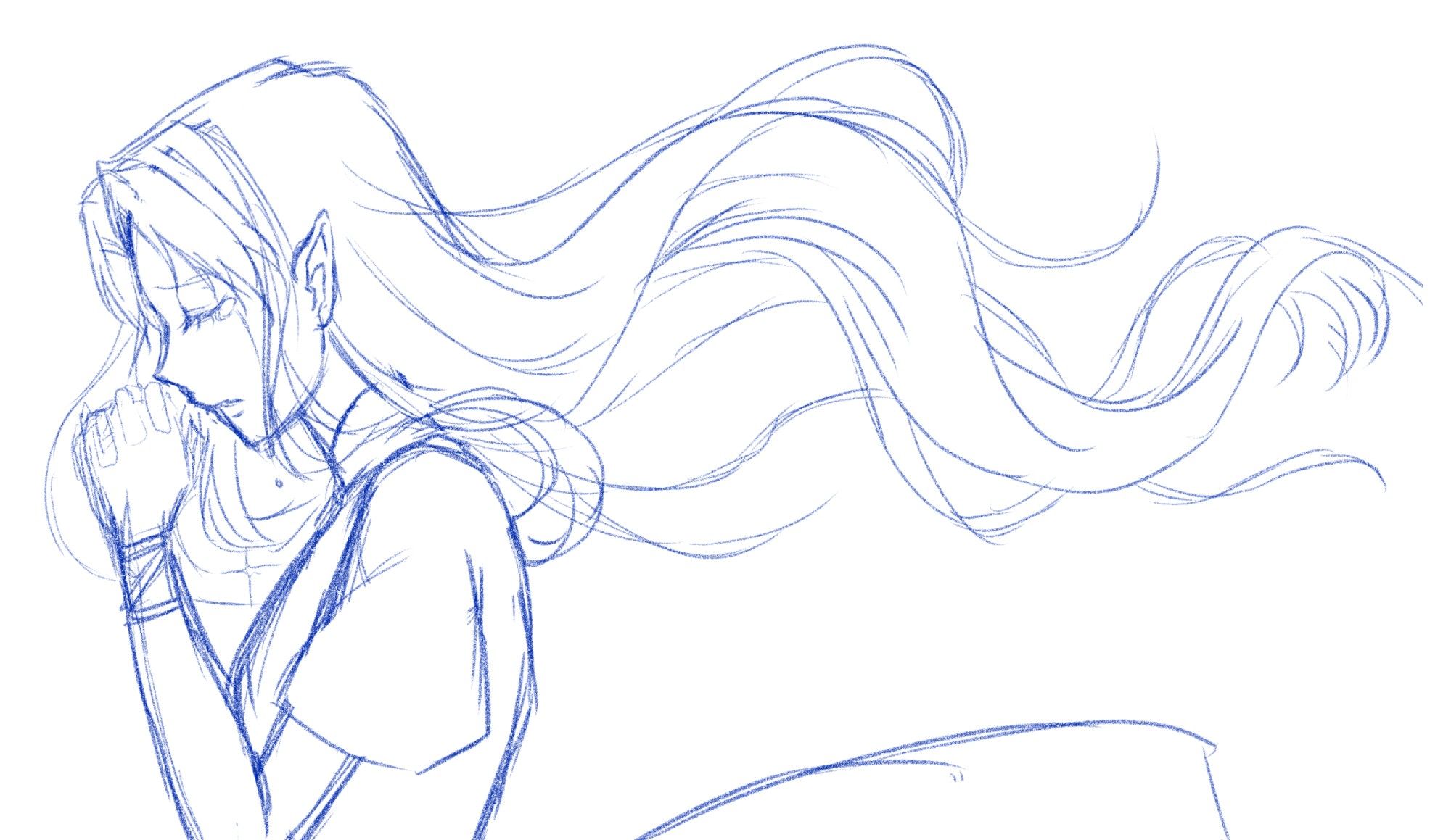 Sketch: A woman with pointed ears and long hair flowing in the wind.