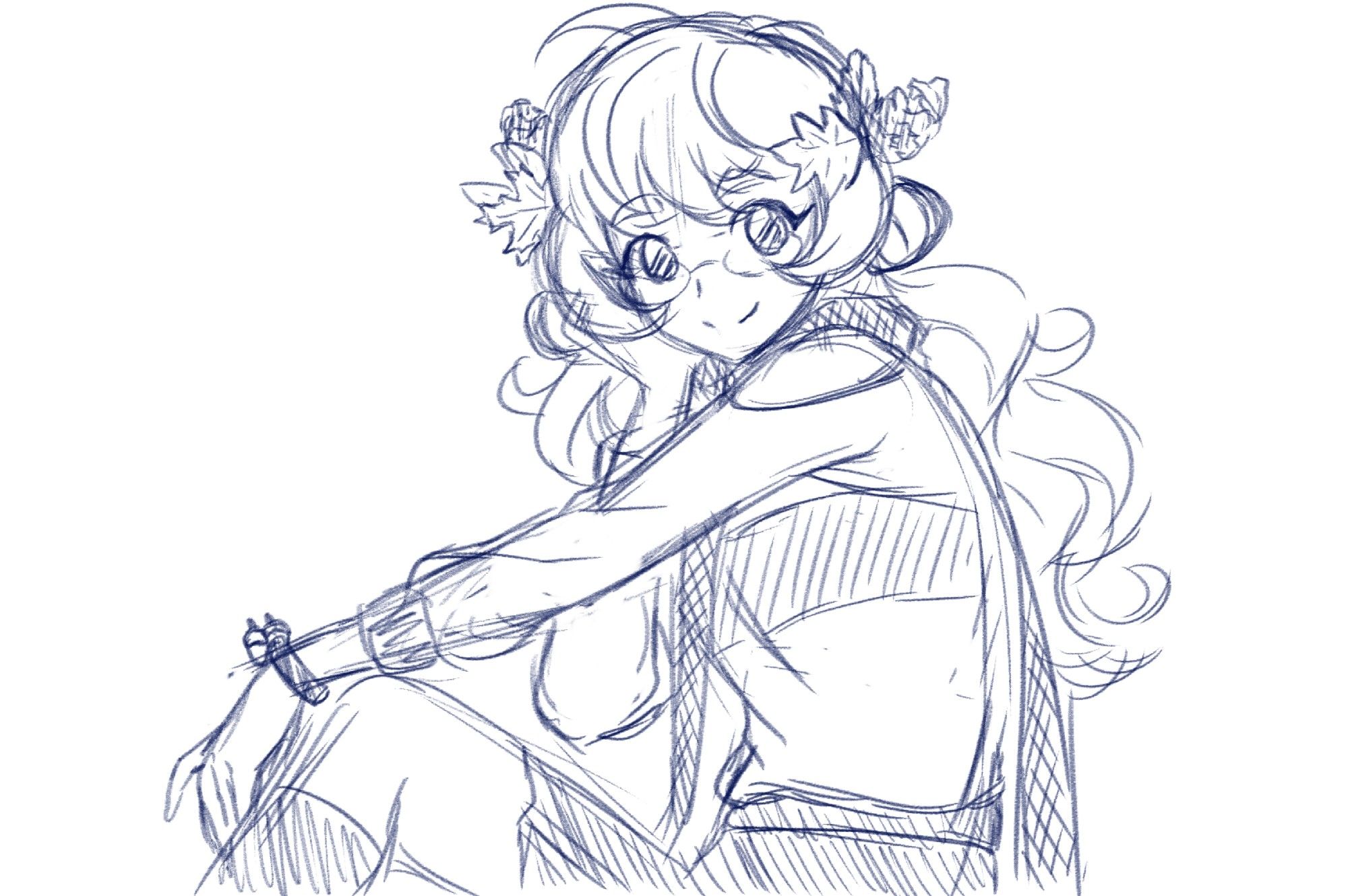 Sketch: A young woman with wavy hair and leaves entwined in her bangs. She's clad in a comfy scarf and sweater.