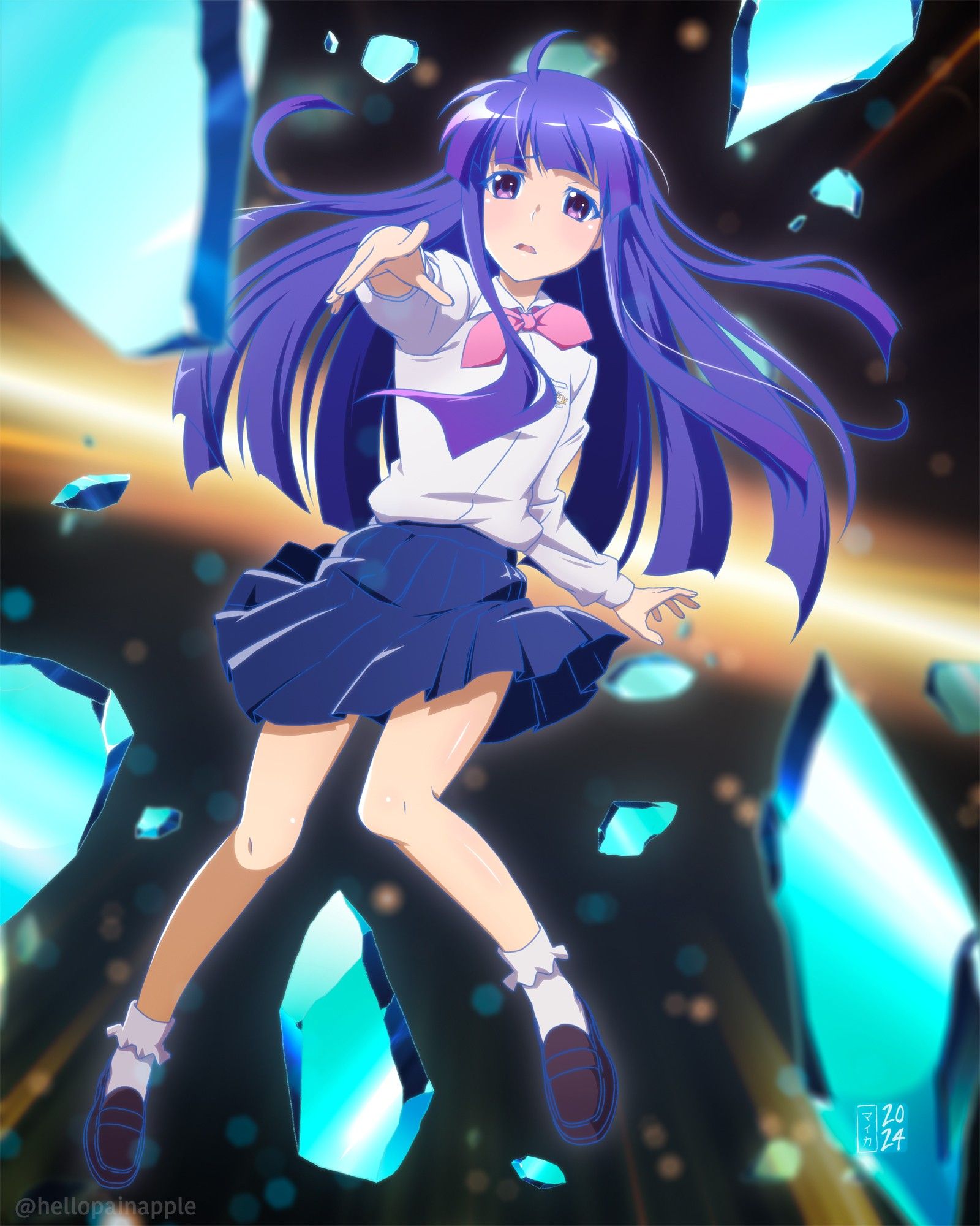 Illustration: Teenaged Rika from Higurashi Sotsu. A teen girl with long purple hair falls through an expanse of glass shards. Her expression is scared as she reaches for the viewer.