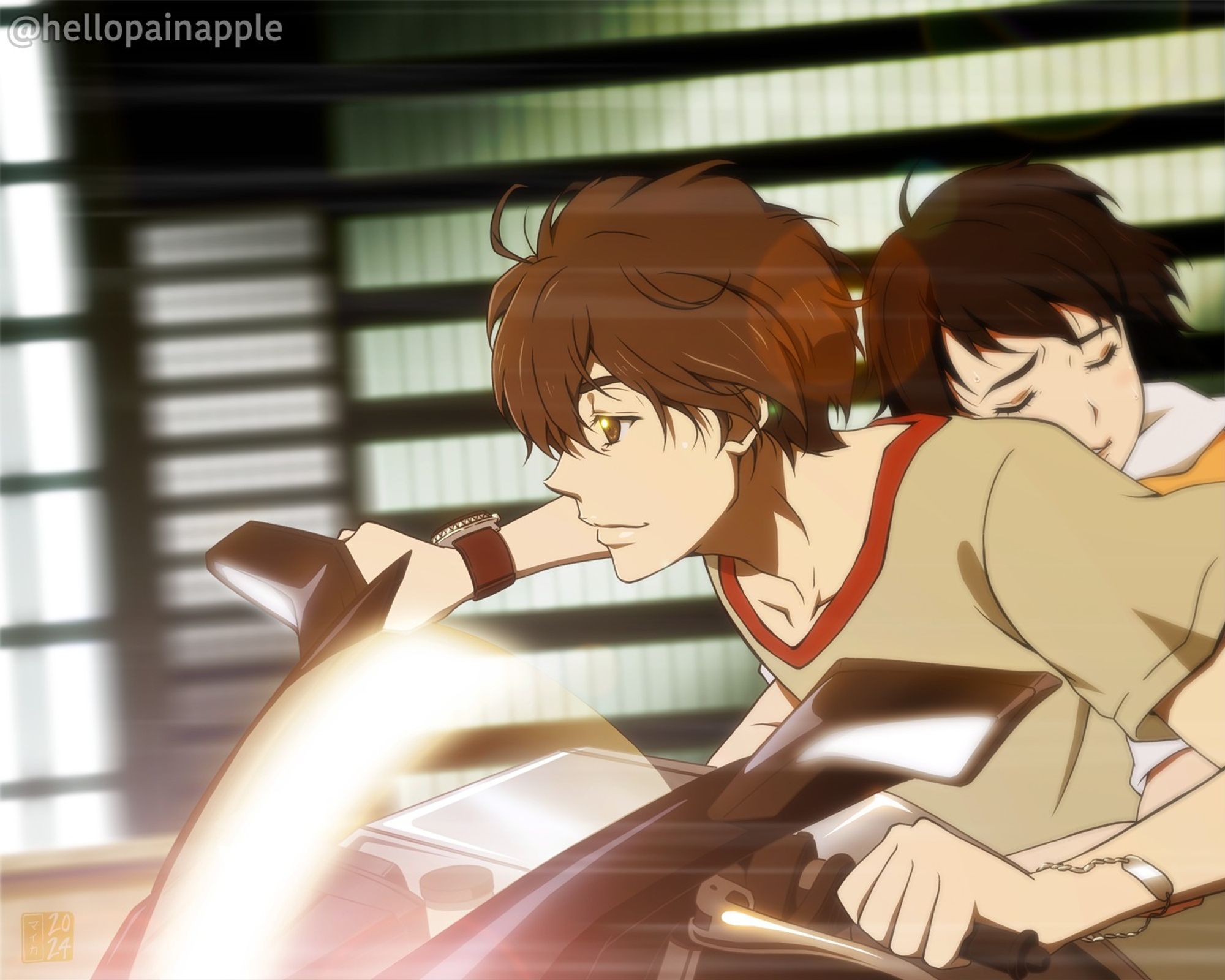 Illustration: Twelve and Lisa from the anime Terror in Resonance. A young man steers a motorcycle, while a teen girl rides behind him, arms wrapped tight around his torso. The bright lights of a city at night blur past them.