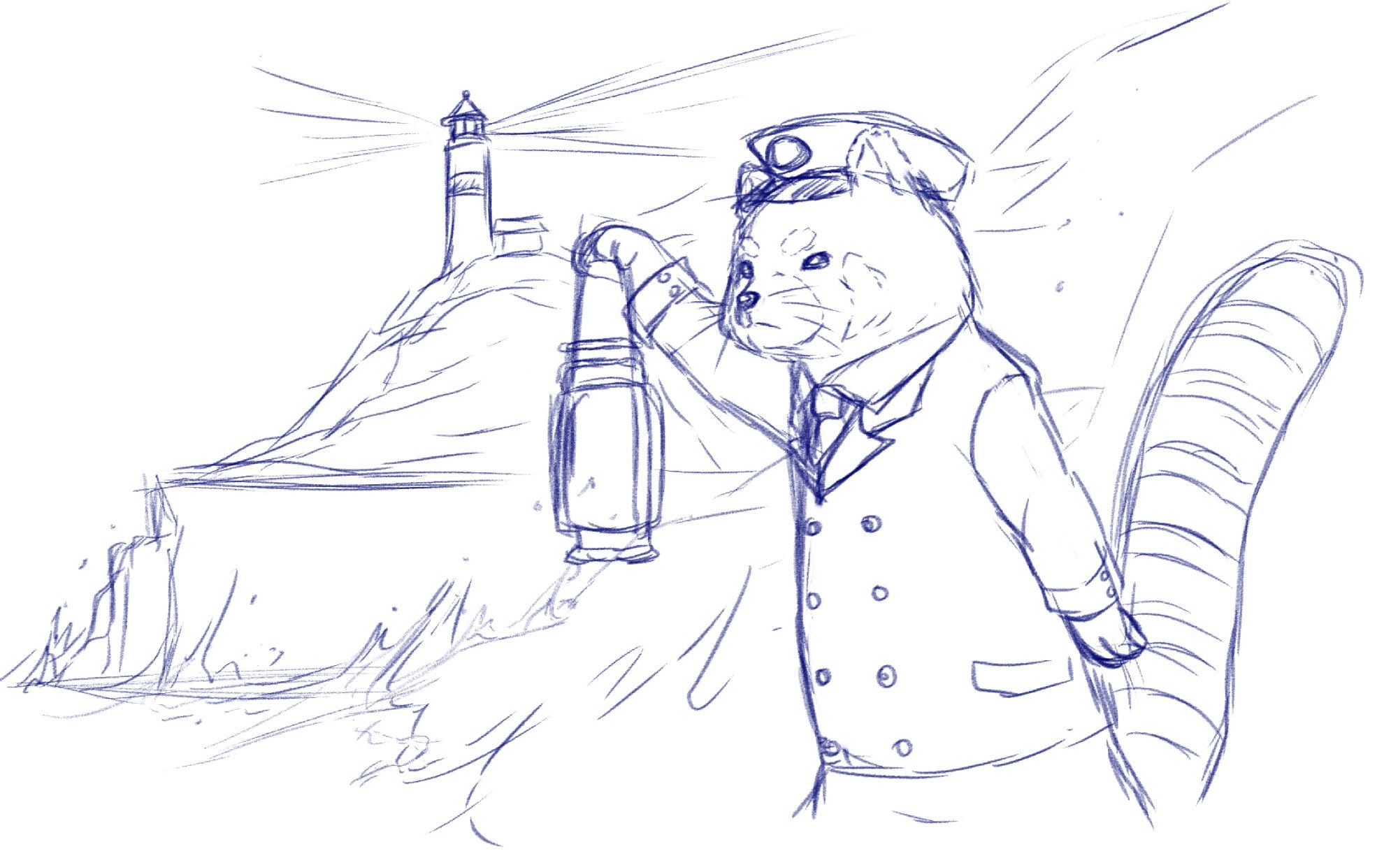 Sketch: A red panda carrying a lantern gazes across the sea, a grim look on his face. Behind him, a lighthouse sits atop a sheer cliff.