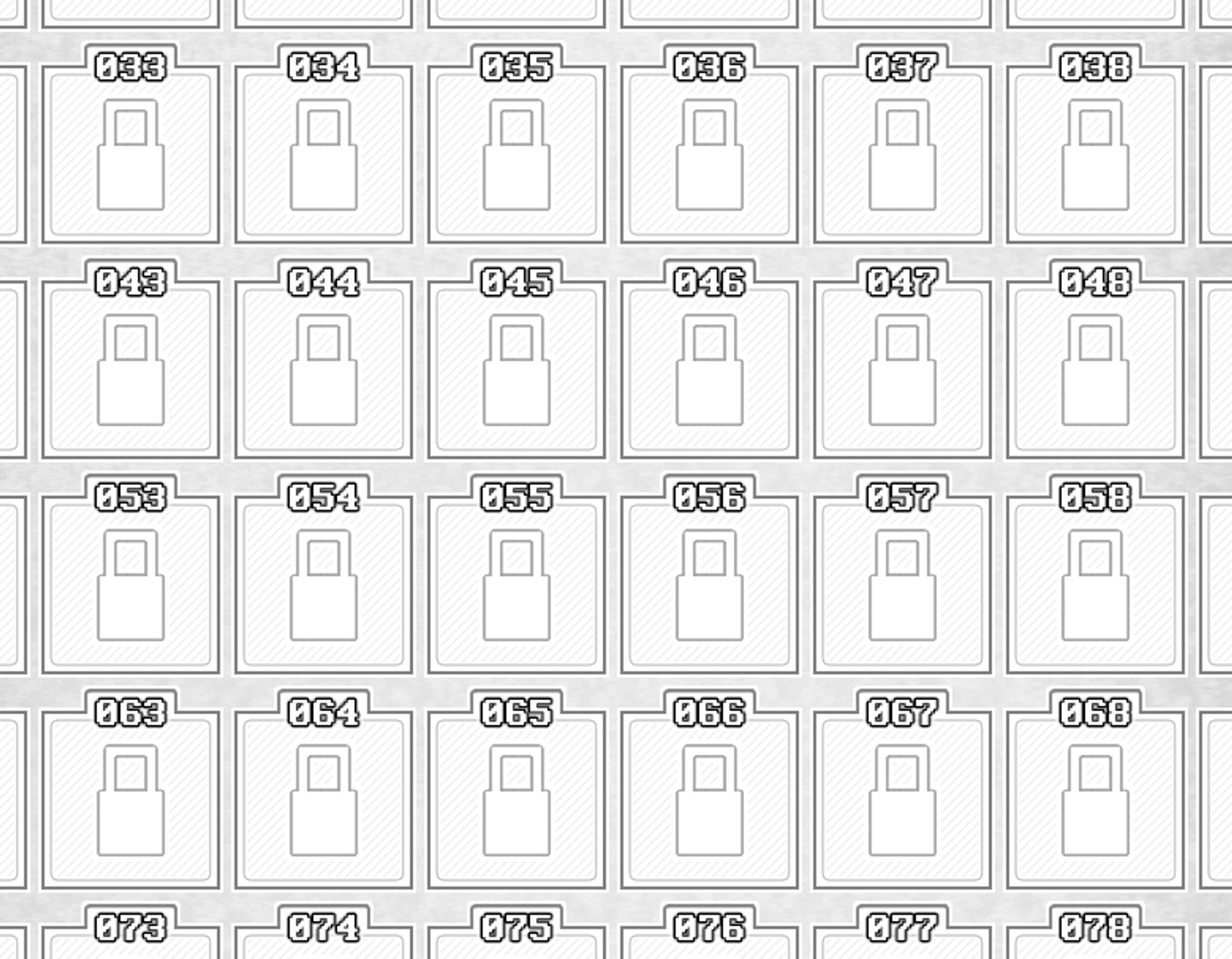 Cropped image of a big grid, with each cell numbered in order. Every cell shows only a grayed-out padlock, implying that something might appear there soon.