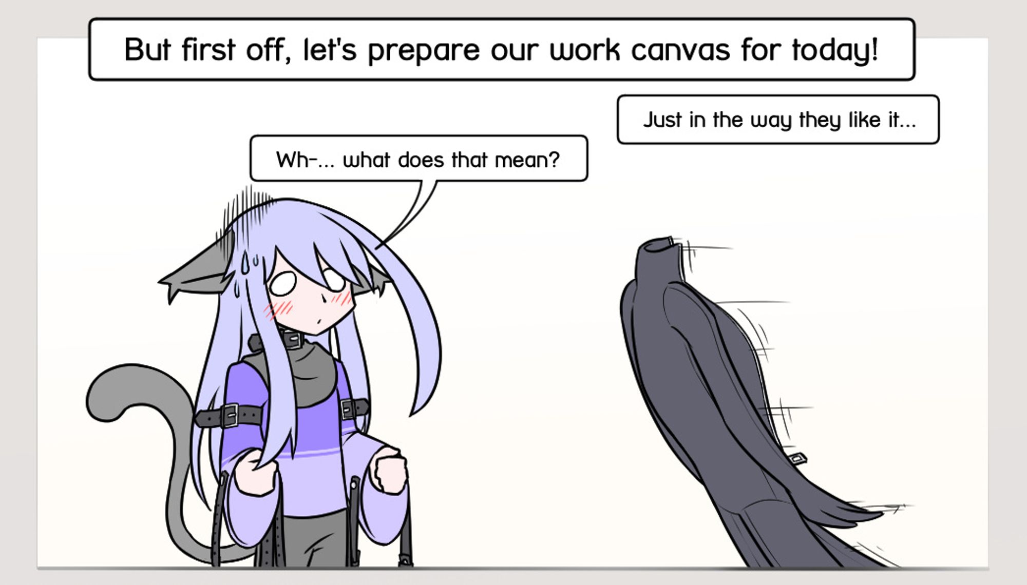 A sentient rubber catsuit flies towards Alodo.
Yous: "But first off, let's prepare our work canvas for today! Just in the way they like it..."
Alodo: "Wh-... what does that mean?"