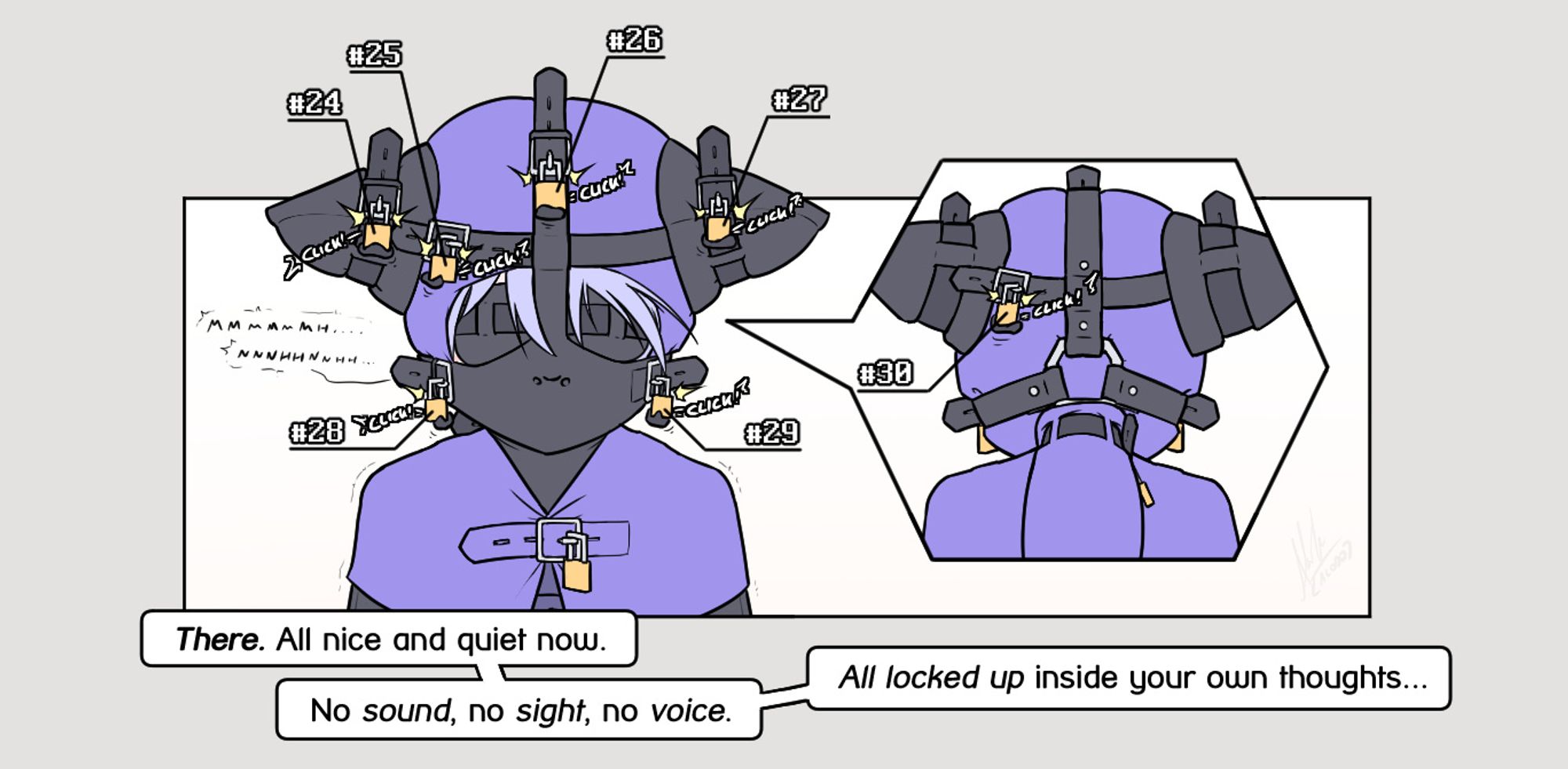 Everything locks itself shut around Alodo's head. Alodo moans in defeat.
Yous: "There. All nice and quiet now. No sound, no sight, no voice. All locked up inside your own thoughts..."