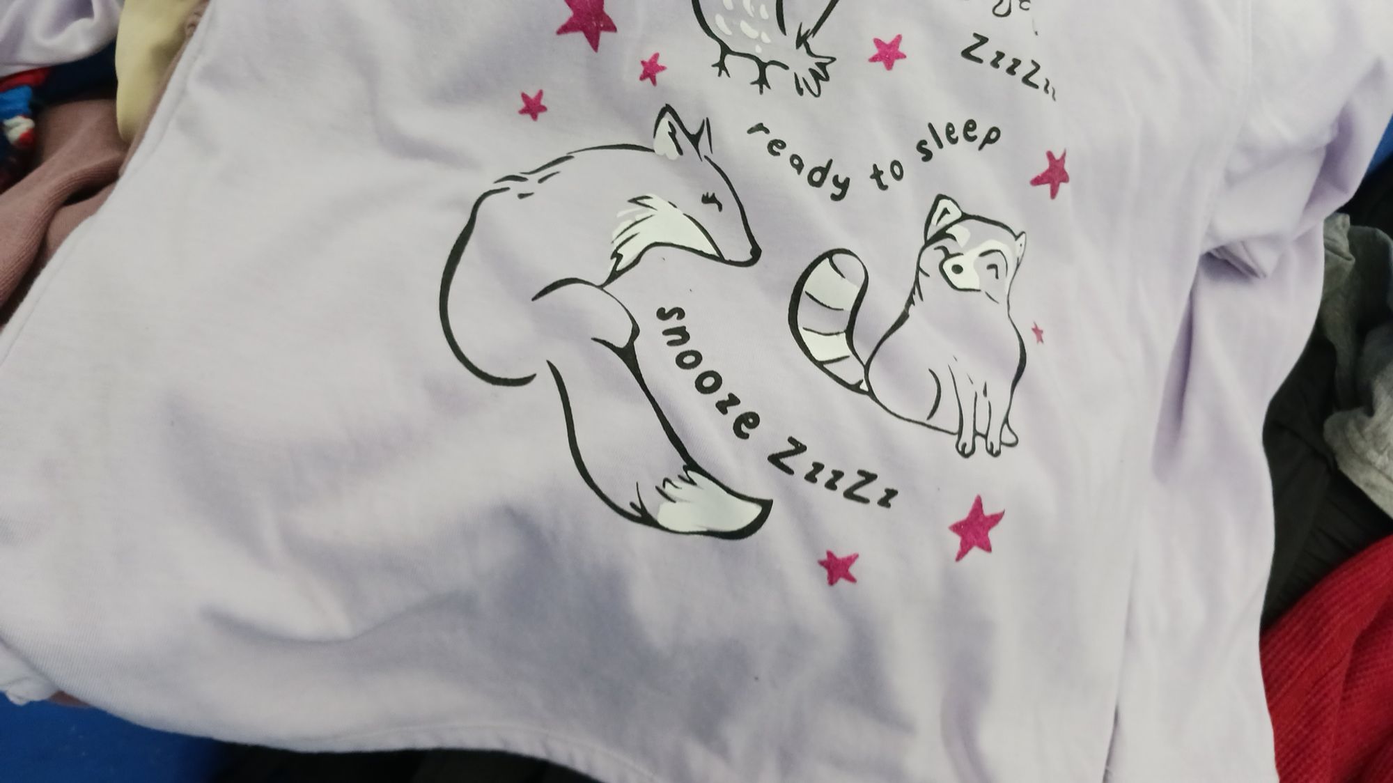 A pink pajama tshirt with a cute little raccoon and fox smiling at each other, surrounded by the words "ZzzZzz" "ready to sleep" "Snooze ZzzZz" and dark pink stars