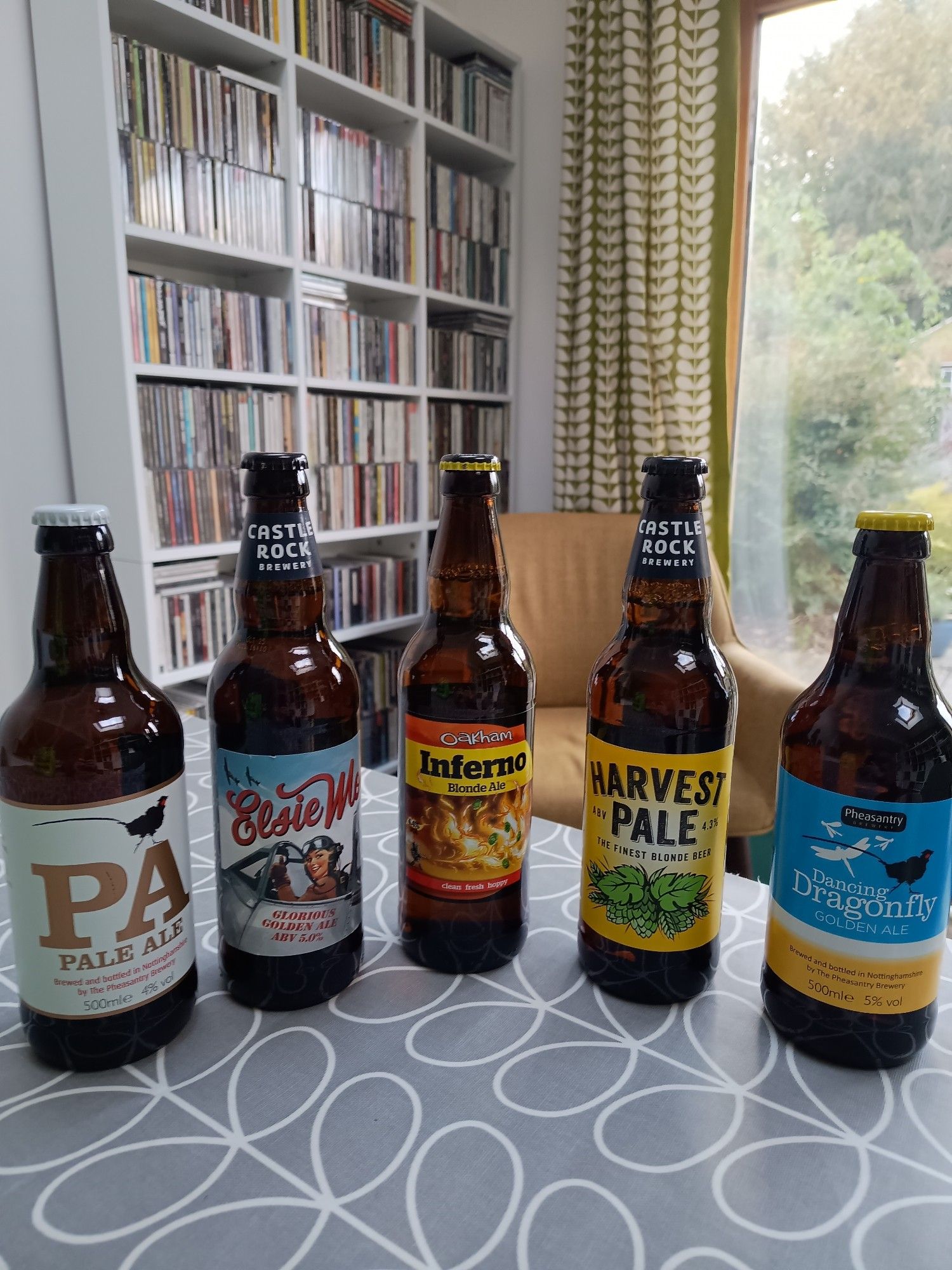 A photo of 5 bottles of beer. Oakham Inferno, Pheasant Brewery PA & Dragonfly and Castle Rock Harvest Pale & Elsie Mo.
Cheers!