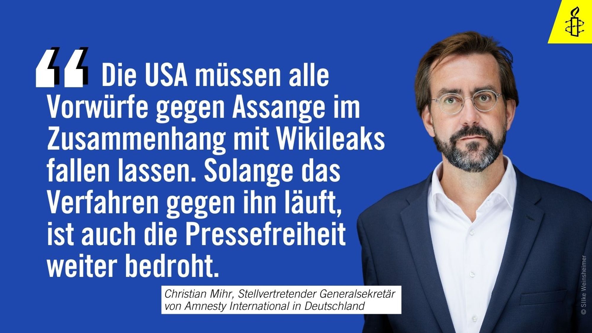 Christian Mihr, stellvertretender Generalsekretär bei Amnesty International in Deutschland, sagt: "Die USA müssen alle Vorwürfe gegen Assange im Zusammenhang mit Wikileaks fallen lassen. Solange das Verfahren gegen ihn läuft, ist auch die Pressefreiheit weiter bedroht."