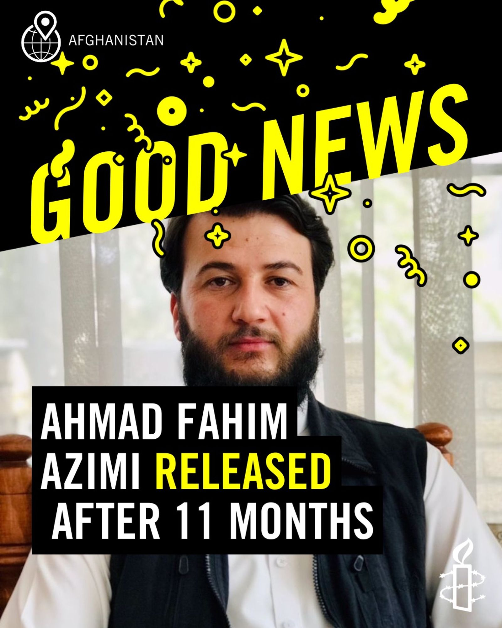 Portrait von Ahmad Fahim Azimiu. Text: Ahmad Fahim Azimiu Released affer 11 Months