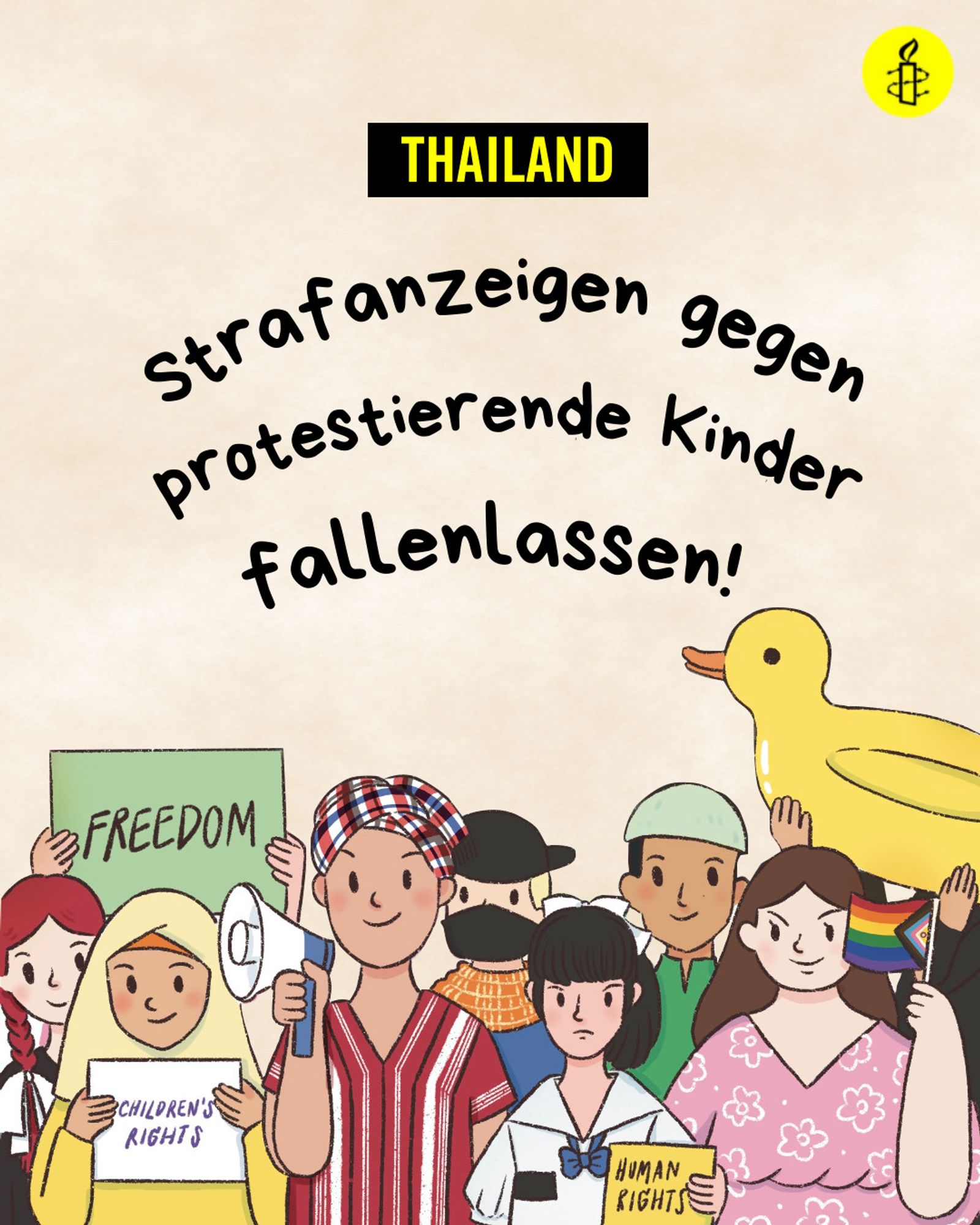 Bunte Zeichnung mit diversen jungen Personen und Kindern, die für Menschenrechte Demonstrieren.
Text: Strafanzeigen gegen protestierende Kinder fallenlassen!