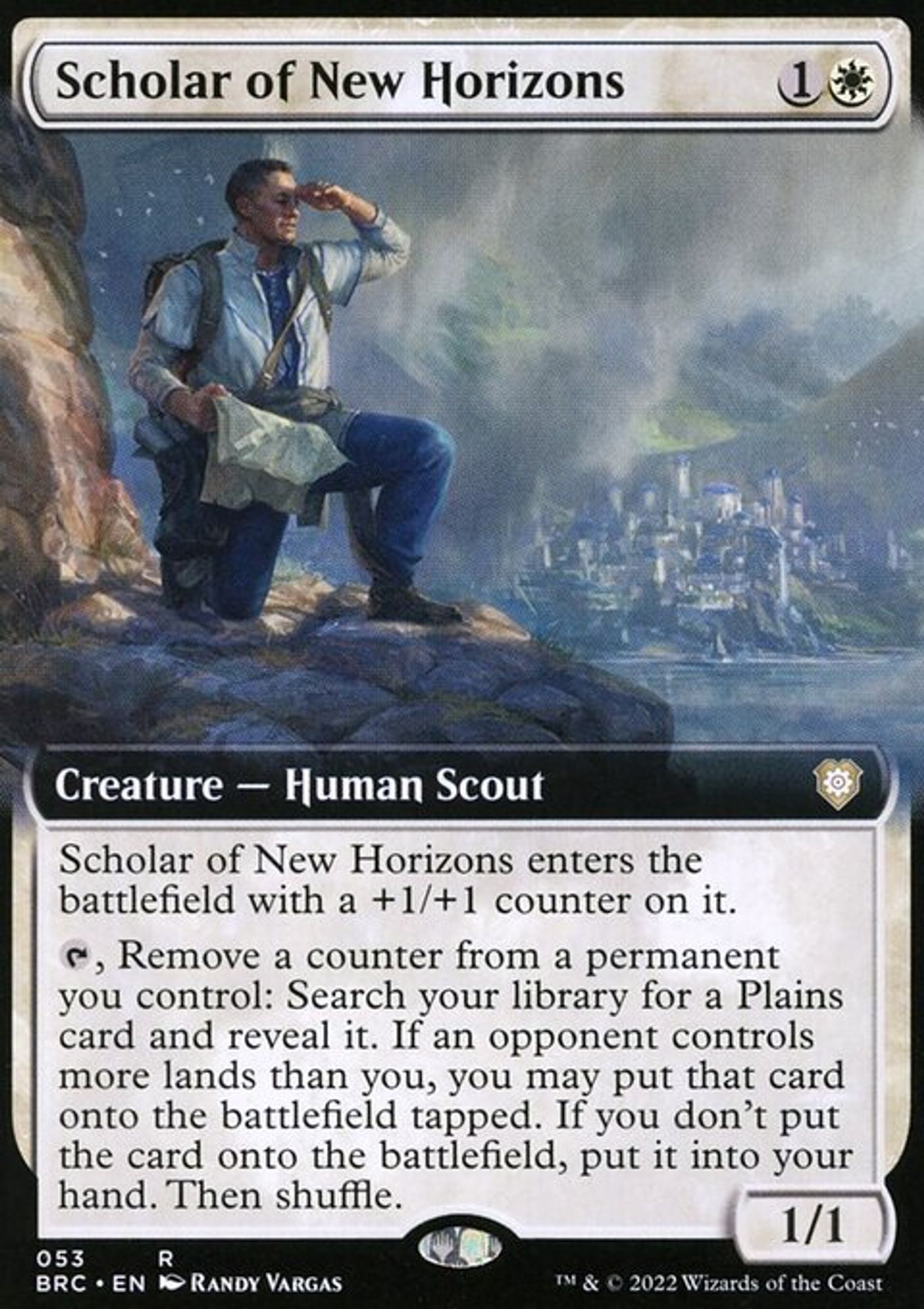 A Magic The Gathering card: Scholar of New Horizons (2022), Art by Randy Vargas, Card text: Scholar of New Horizons enters with a +1/+1 counter on it.
{T}, Remove a counter from a permanent you control: Search your library for a Plains card and reveal it. If an opponent controls more lands than you, you may put that card onto the battlefield tapped. If you don't put the card onto the battlefield, put it into your hand. Then shuffle., 