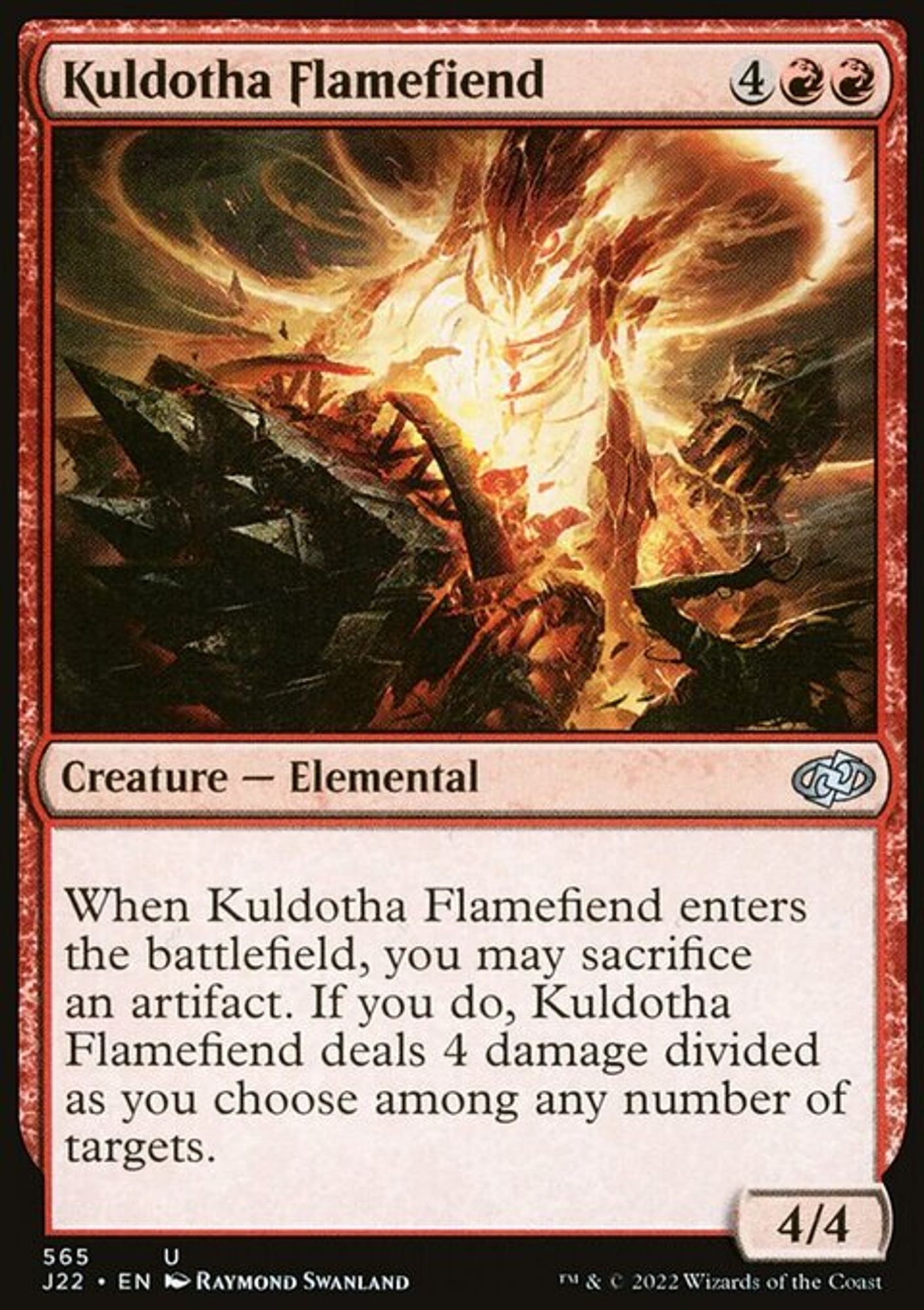 A Magic The Gathering card: Kuldotha Flamefiend (2022), Art by Raymond Swanland, Card text: When Kuldotha Flamefiend enters, you may sacrifice an artifact. If you do, Kuldotha Flamefiend deals 4 damage divided as you choose among any number of targets., 