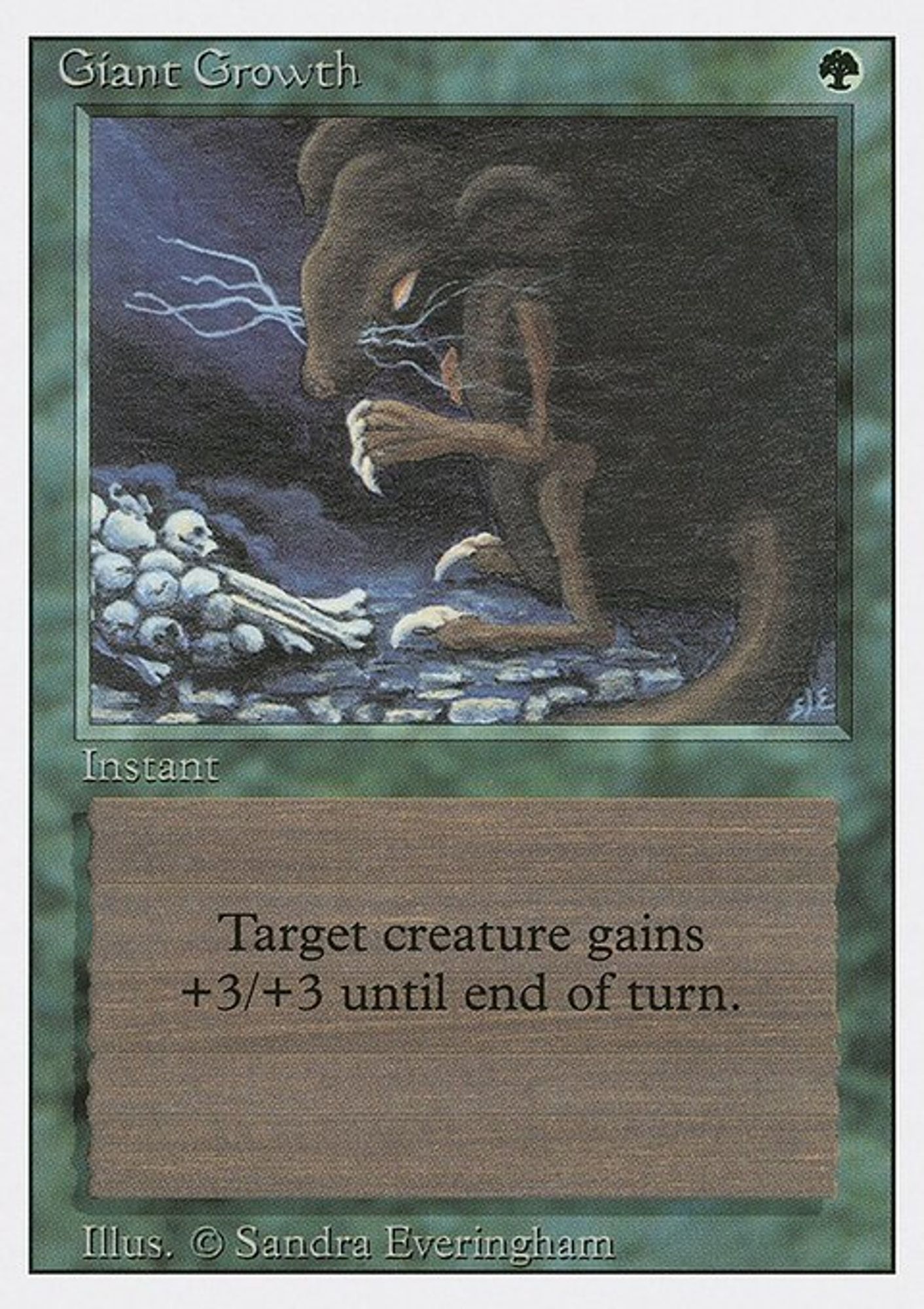 A Magic The Gathering card: Giant Growth (1994), Art by Sandra Everingham, Card text: Target creature gets +3/+3 until end of turn., 