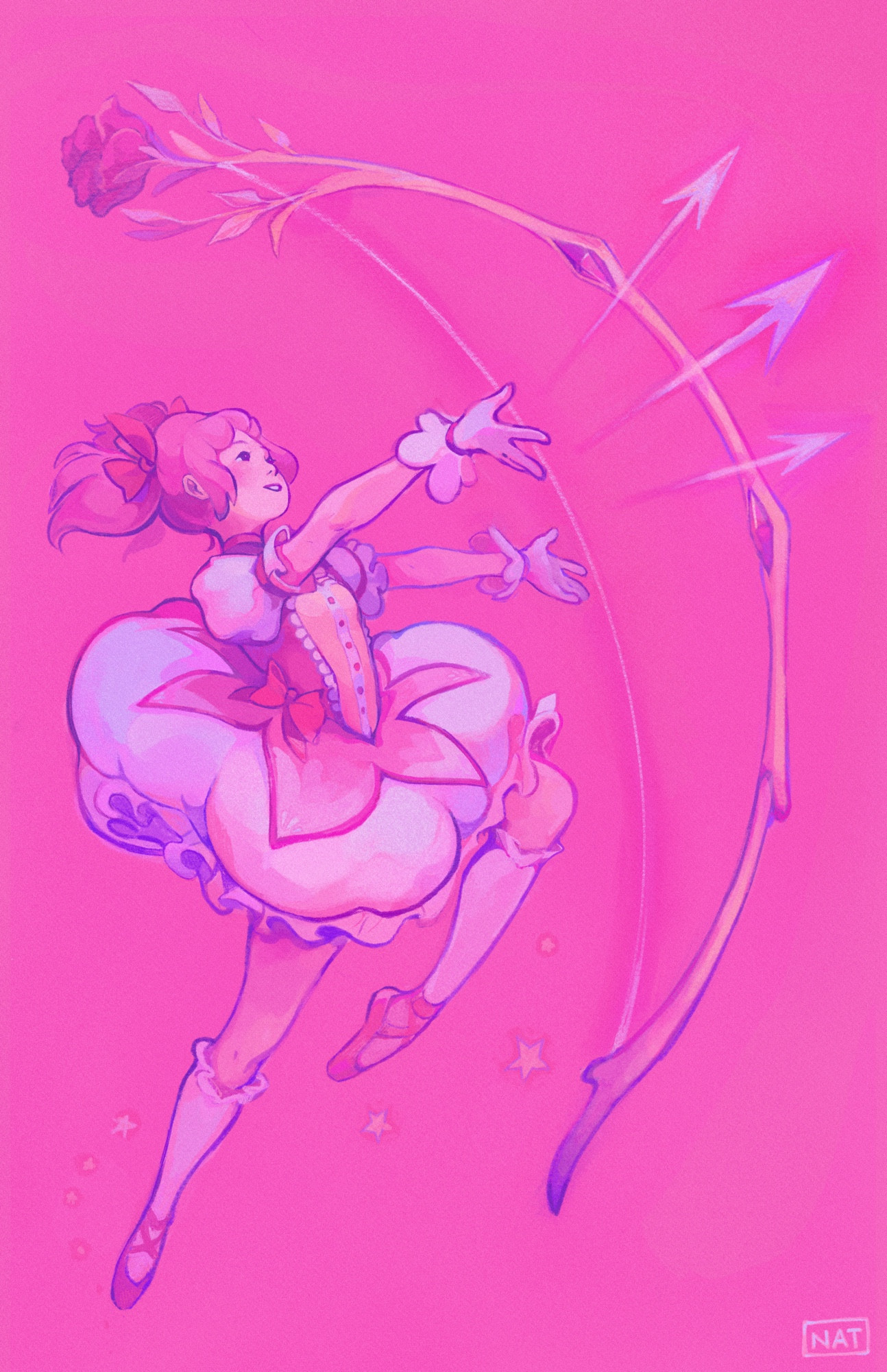 fan art painting of madoka from madoka magica joyfully jumping on a pink background with her arms extended toward her bow and arrows.