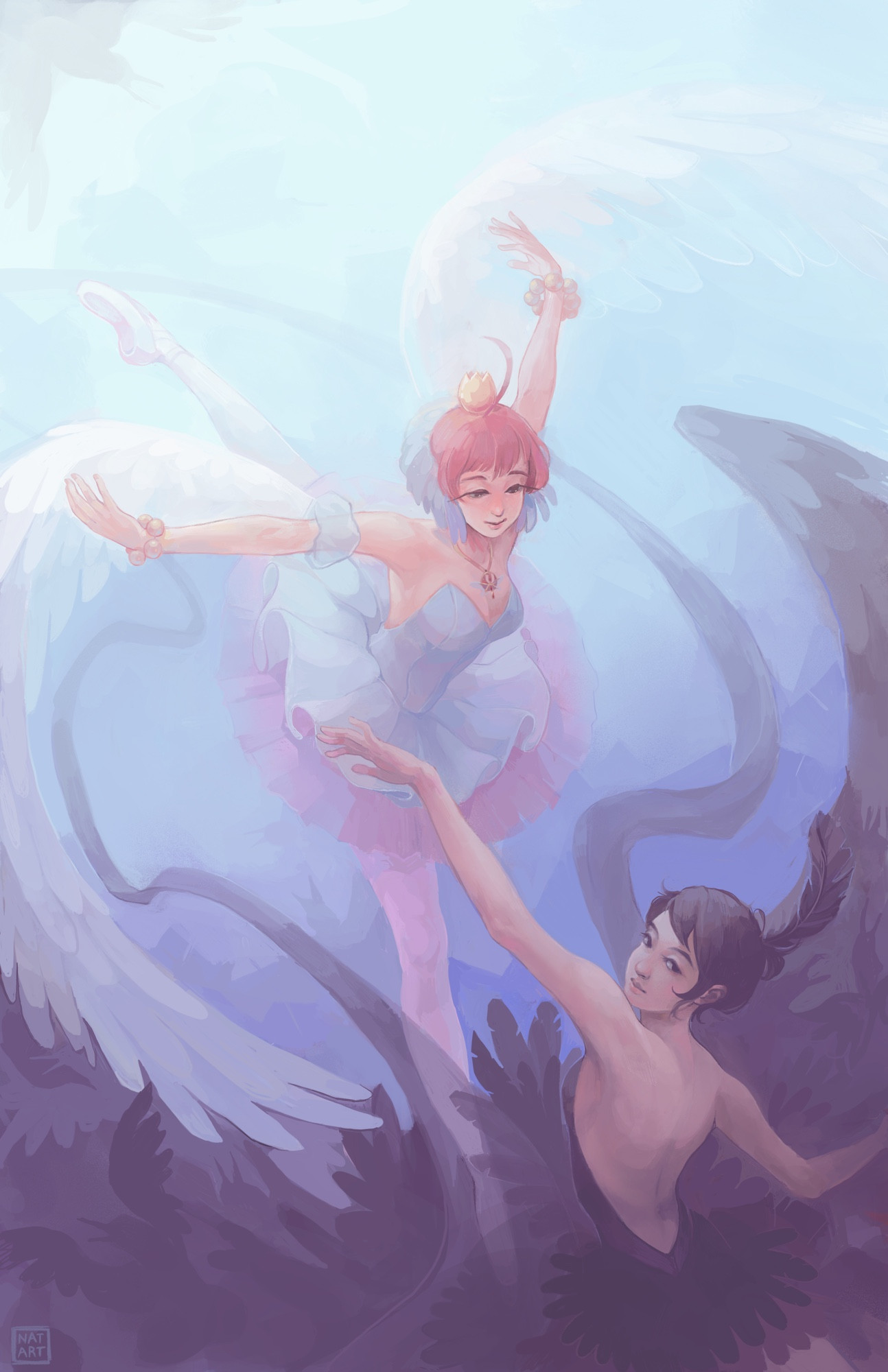 painting of princess tutu and princess kraehe from the anime princess tutu. they are poised in ballet positions opposite each other with tutu in an arabesque arching over kraehe, and kraehe looking down toward the viewer with her arm extended up toward tutu.