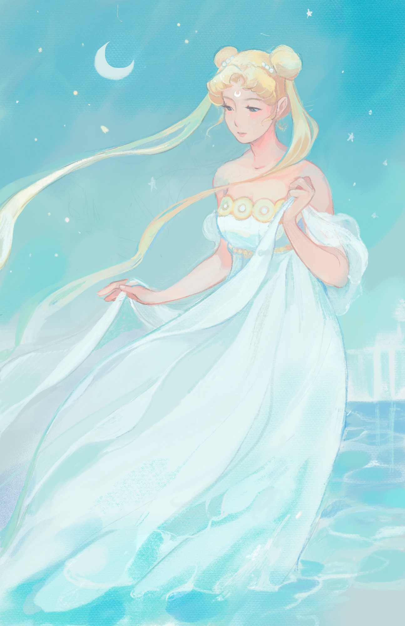 fan art painting of princess serenity from sailor moon in an endless shallow pool of water. she hoods her dress and a scarf flapping in the wind and her eyes rest downwards.