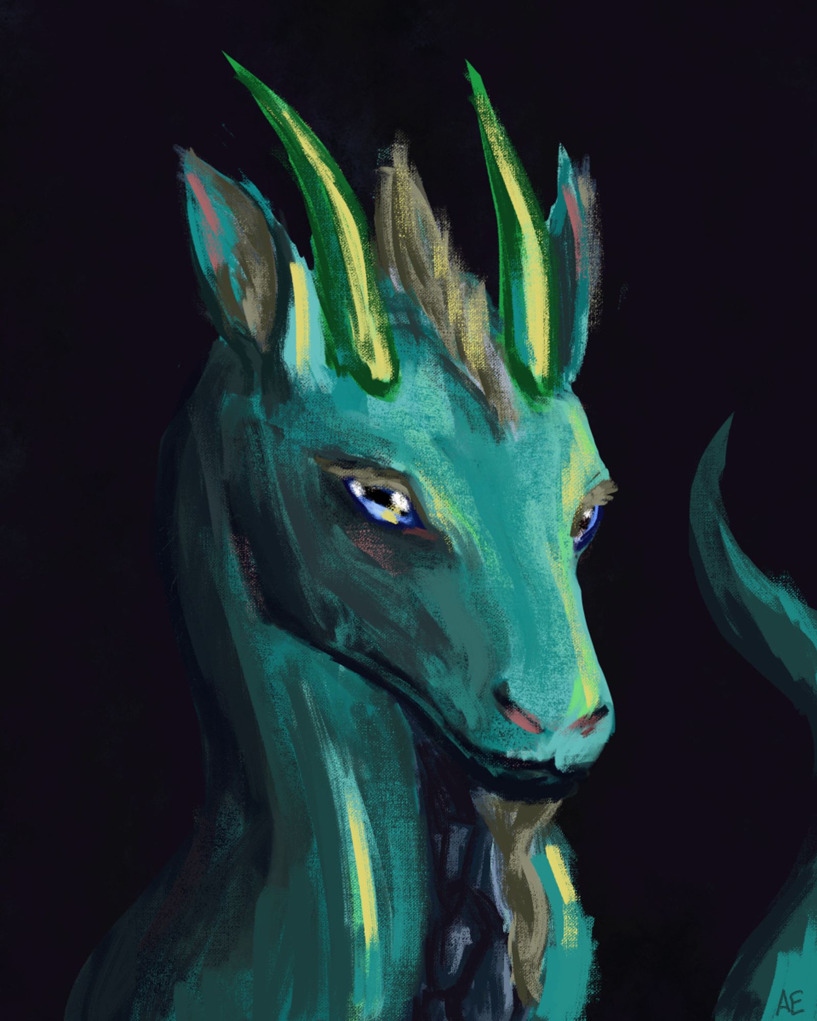 A teal goat-inspired dragon