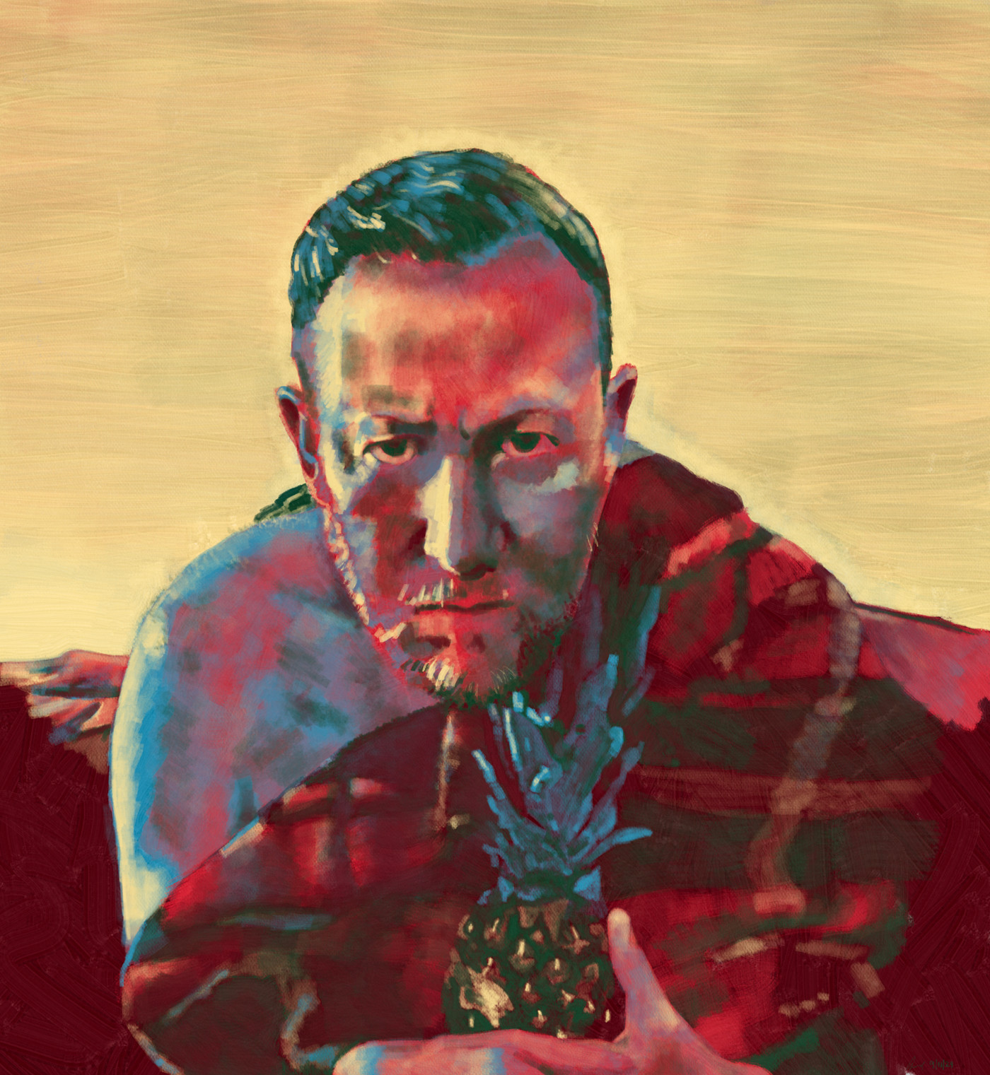 Digital oil-painting of Alex Horne from No More Jockeys in limited colours. He is wrapped in a tartan blanket, his shoulder exposed, clutching a pineapple. He's scowling at the viewer.