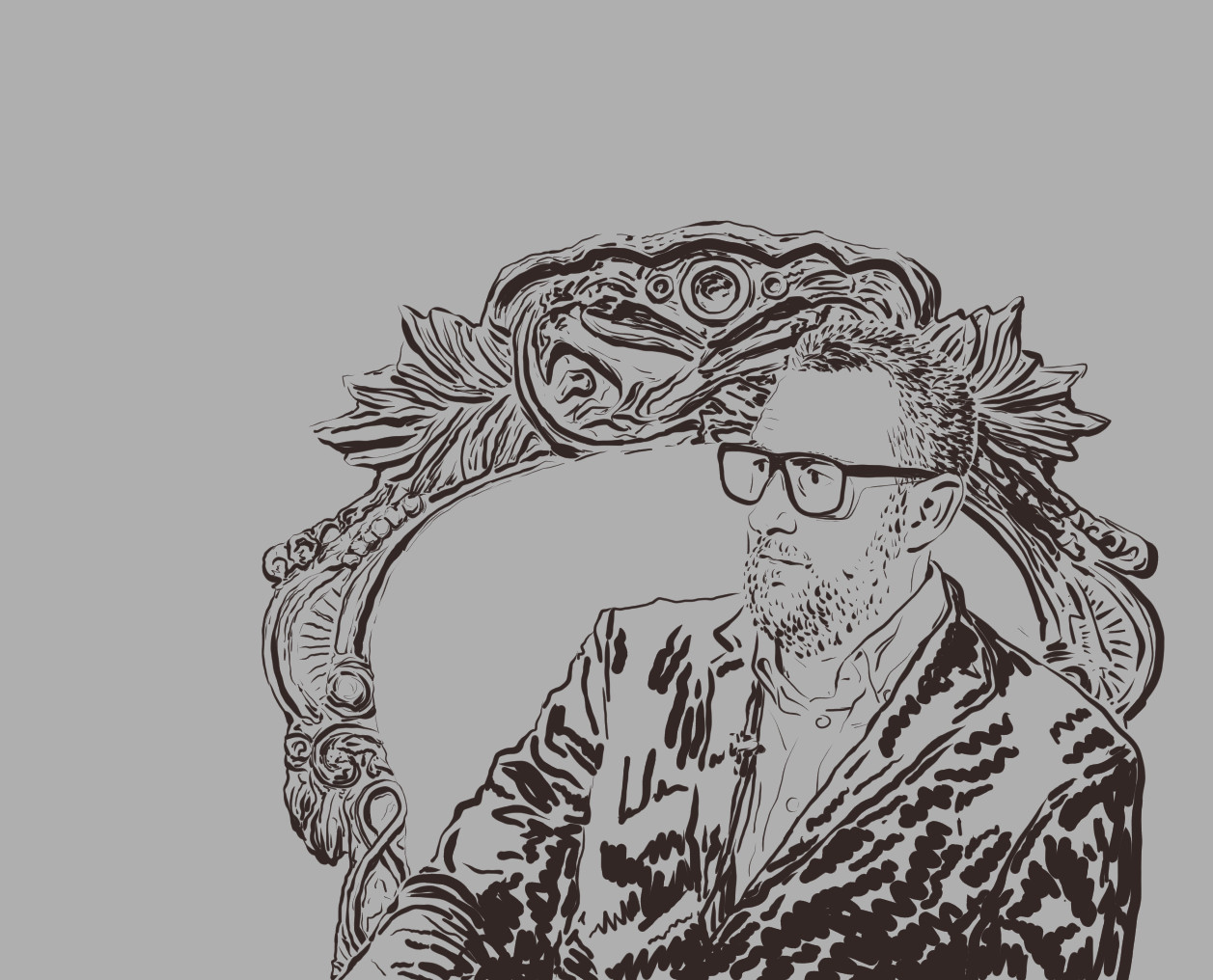 Monochrome digital drawing of Alex Horne from the UK Taskmaster show. He's wearing a suit and oversized glasses, on an ornate throne.