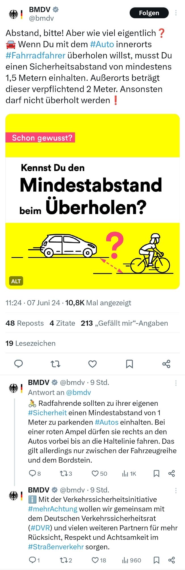 Screenshot eines Tweets, in dem das Verkehrsministerium zu 1m Abstand zu parkenden Autos riet.