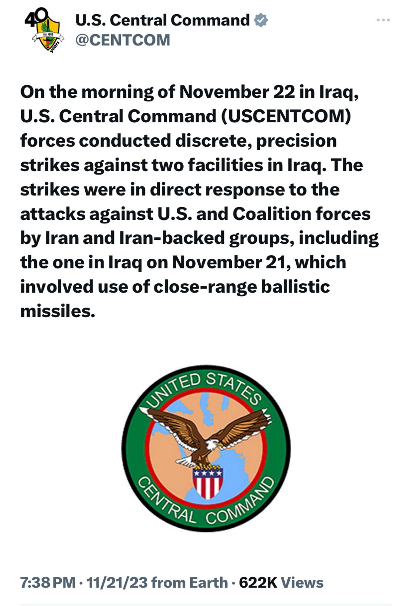 US Central Command announces airstrikes related to the current U.S.-backed Israeli war on Gaza, against Iran-backed militant groups, for the first time on Iraqi soil since Oct 7