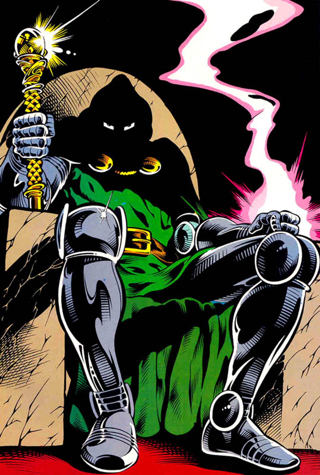 art of doctor doom, he is seated in a throne with dramatic lighting and from a low angle, his legs are spread wide, as is the typical Doom fashion.