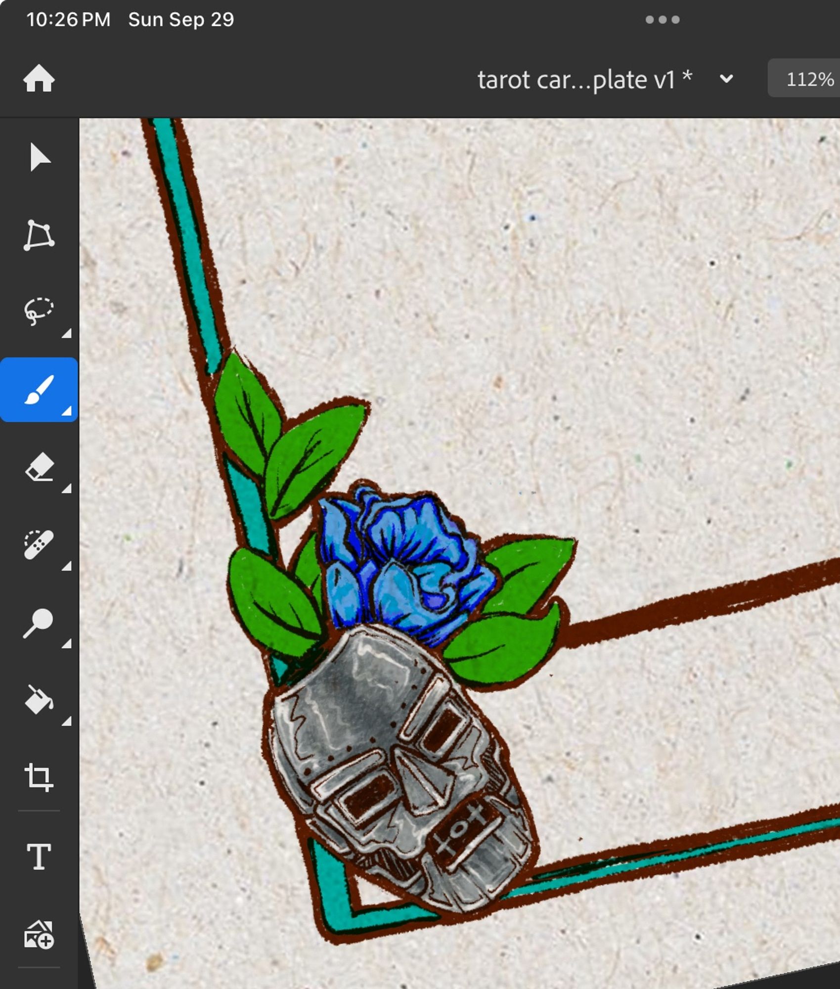 Corner of an art nouveau style frame I drew with a blue rose and doctor doom’s mask