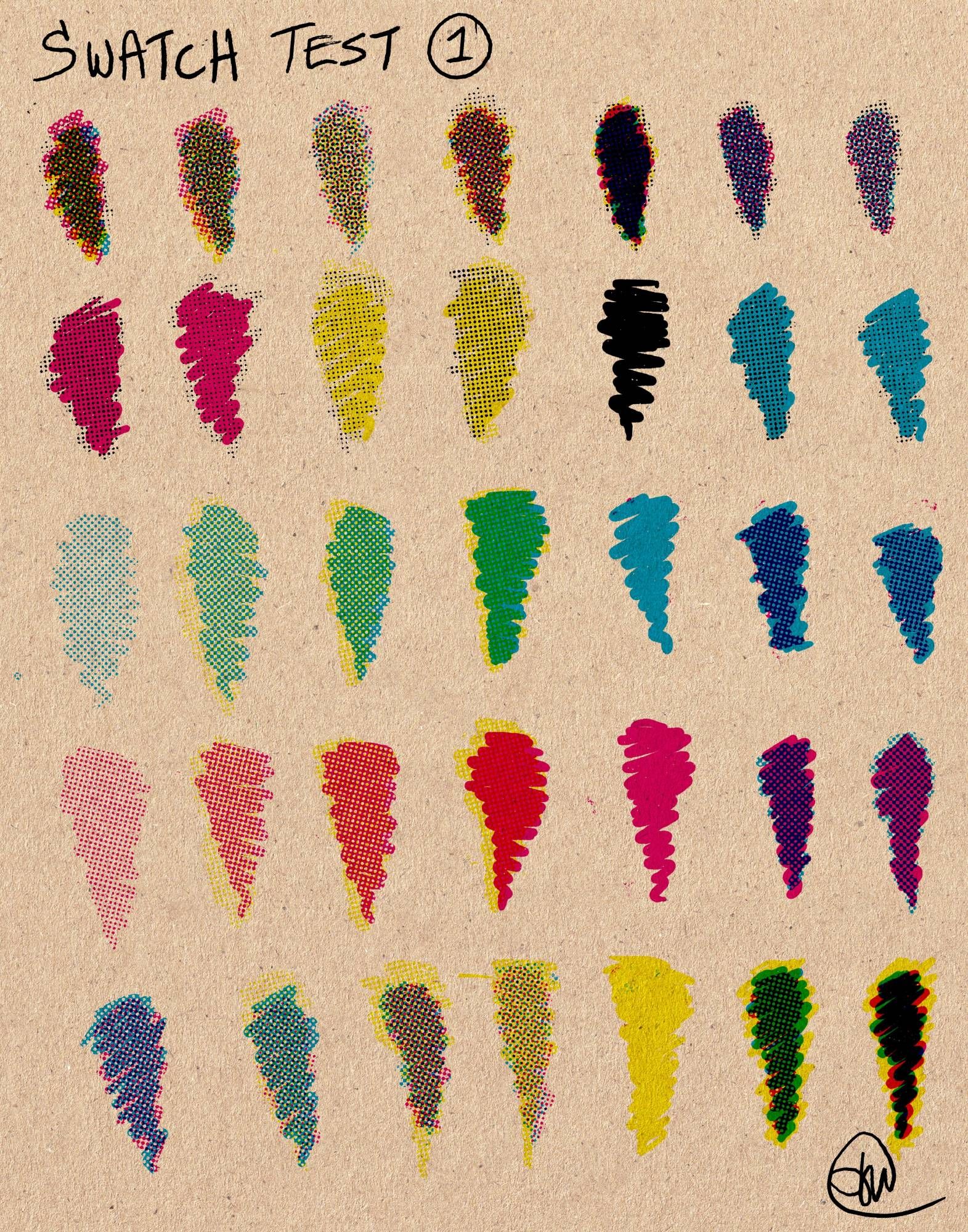 A swatch test of digital brushes from the KraftTone set on simulated yellowed paper. the test is for CMYK color screening and blends similar to the screenprinting process of older comics